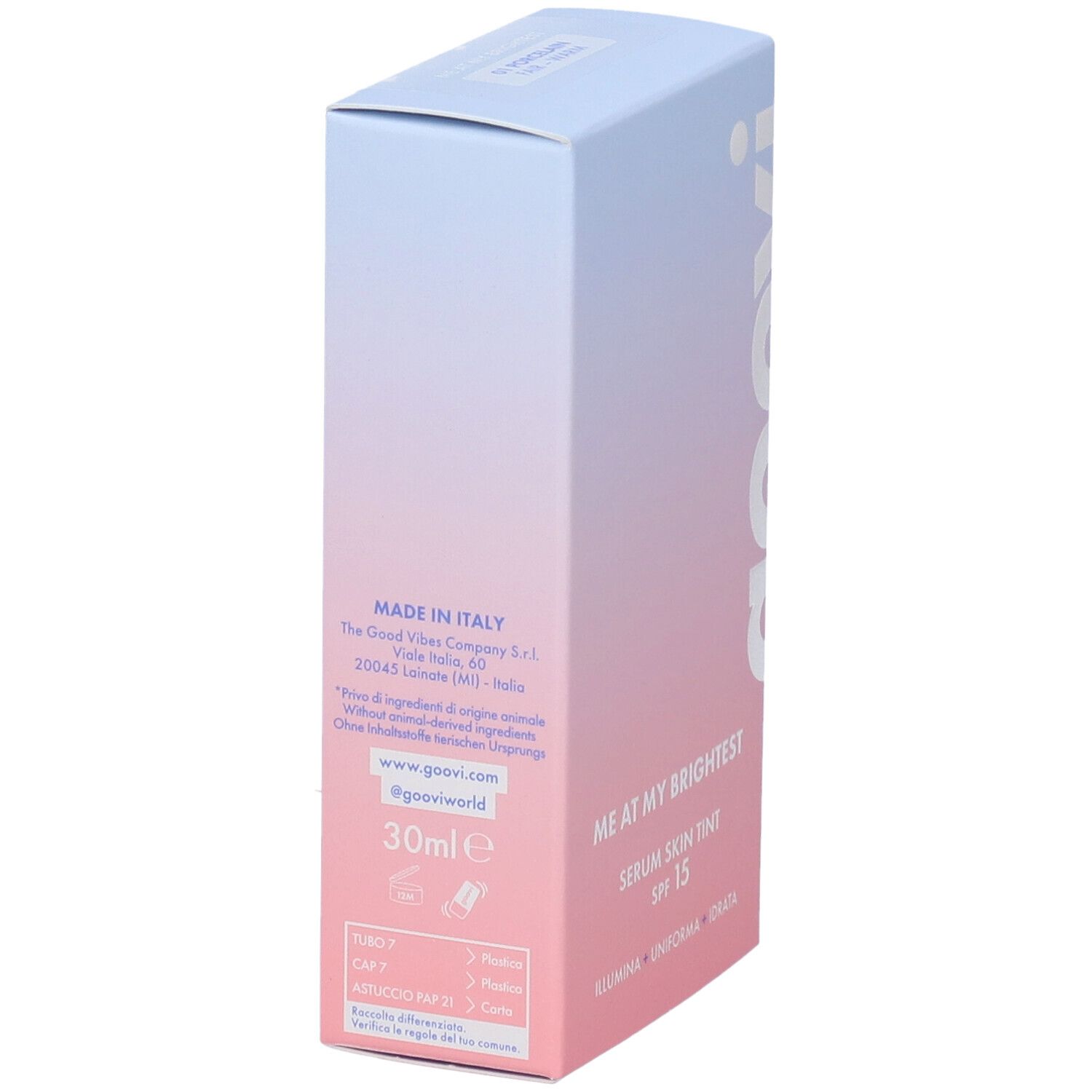 Confezione del prodotto con testo: Made in Italy, Goovi, 30ml. Sfumatura da rosa a blu.