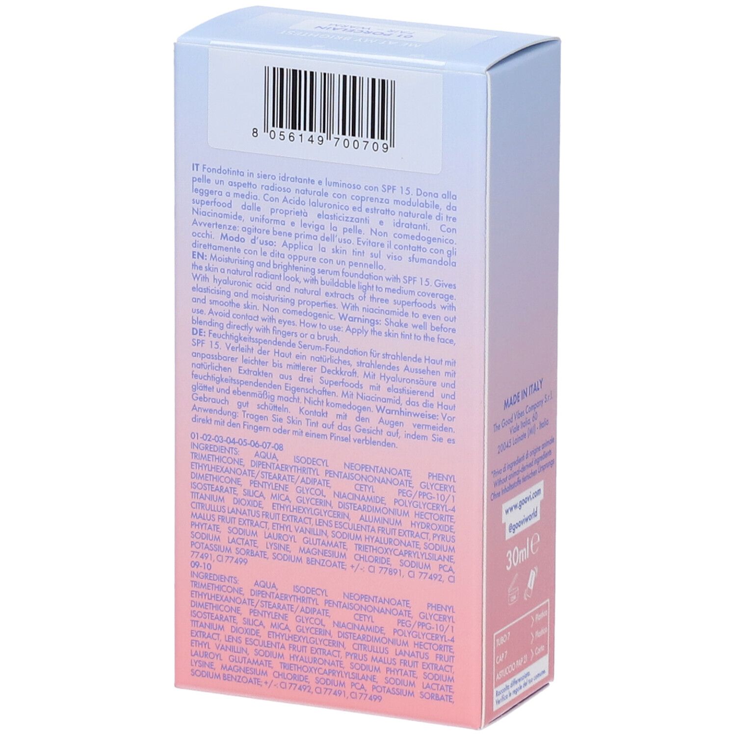 Confezione del prodotto con testo e codice a barre. Testo: Goovi, 30ml. Sfumatura da rosa a blu.