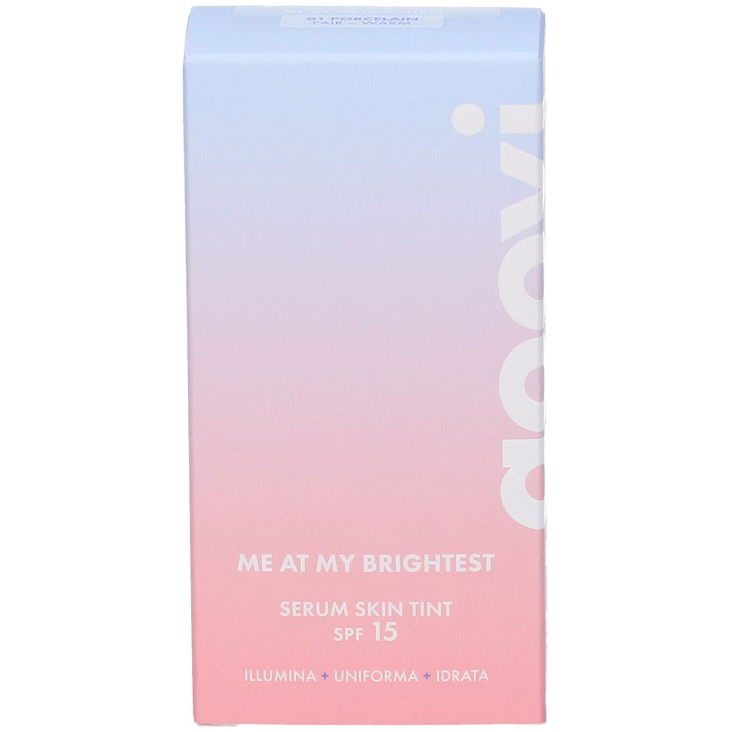 Confezione del prodotto con testo: Goovi, Me at my Brightest, Serum Skin Tint SPF15. Sfumatura da rosa a blu.