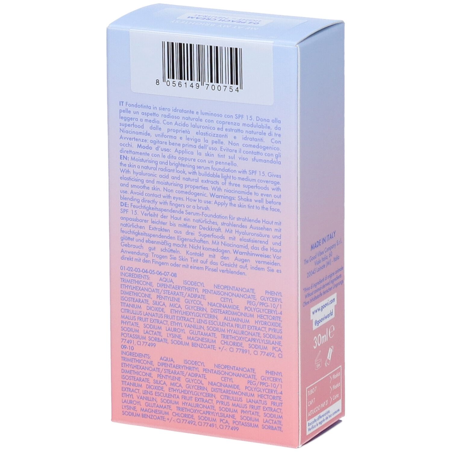 Scatola, lato con testo. Testo: Ingredienti, 30ml. Altri testi in italiano.