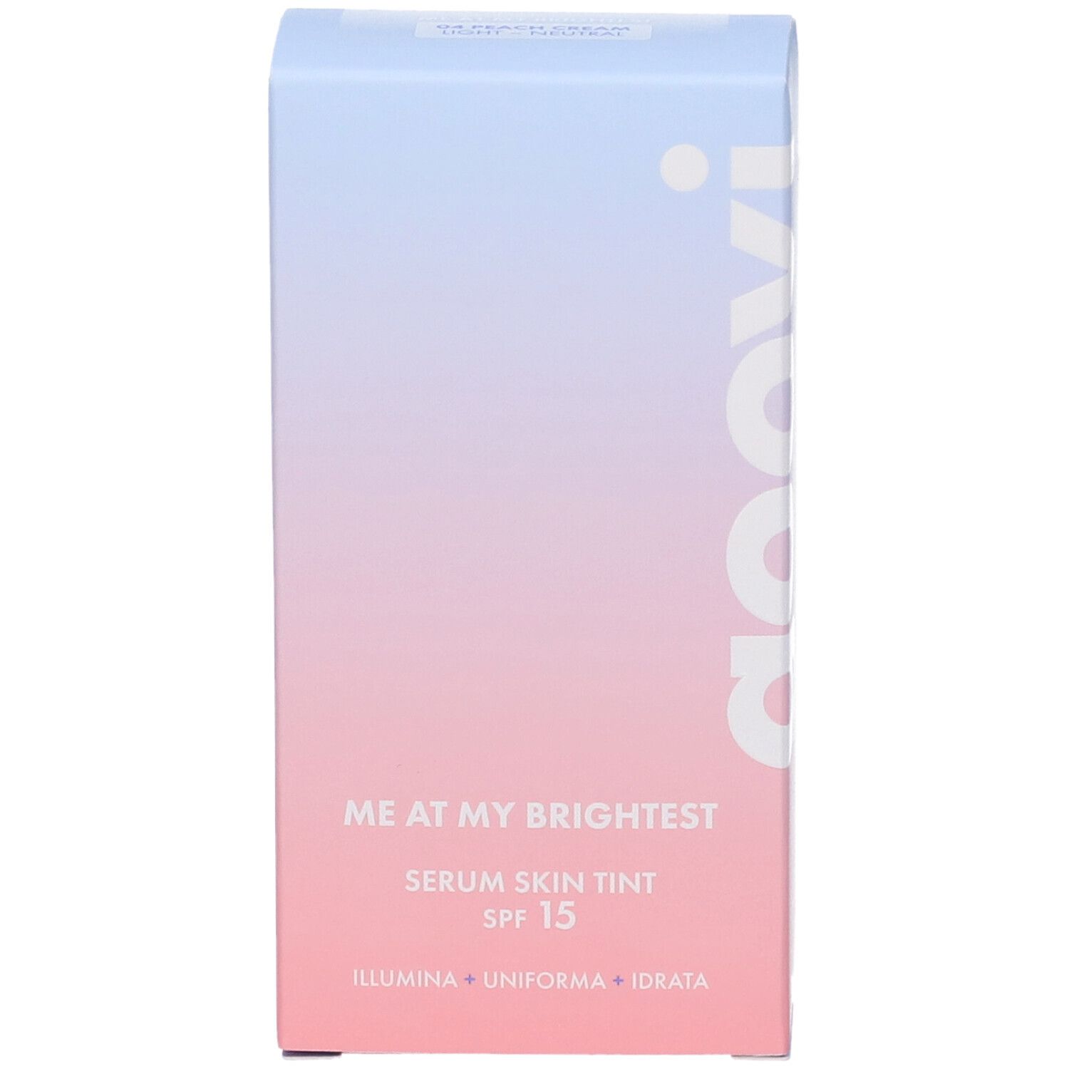 Scatola, fronte. Sfumatura rosa e blu. Testo: Goovi, Me At My Brightest, Serum Skin Tint SPF15.