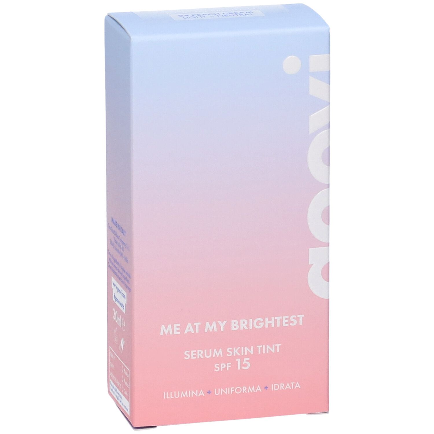 Scatola, in diagonale. Sfumatura rosa e blu. Testo: Goovi, Me At My Brightest, Serum Skin Tint SPF15.