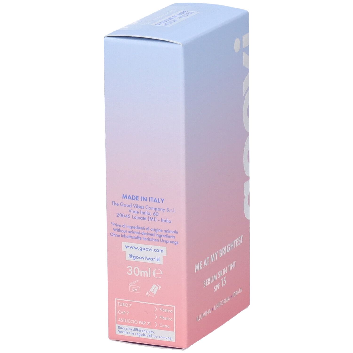 Confezione Goovi Me At My Brightest. Retro con testo, ingredienti e informazioni produttore. 30ml.