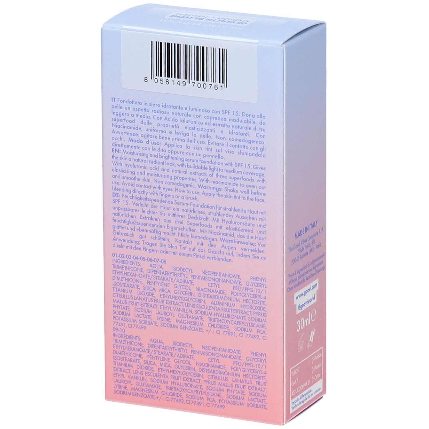 Confezione Goovi Me At My Brightest. Retro con testo, ingredienti e informazioni produttore. 30ml.
