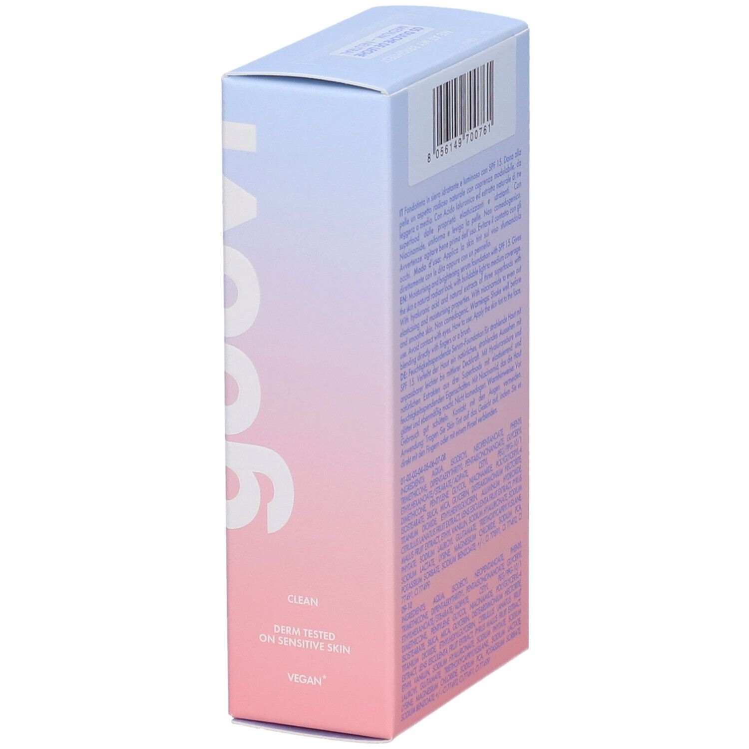 Confezione Goovi Me At My Brightest. Lato con testo, codice a barre e informazioni produttore. Vegano.