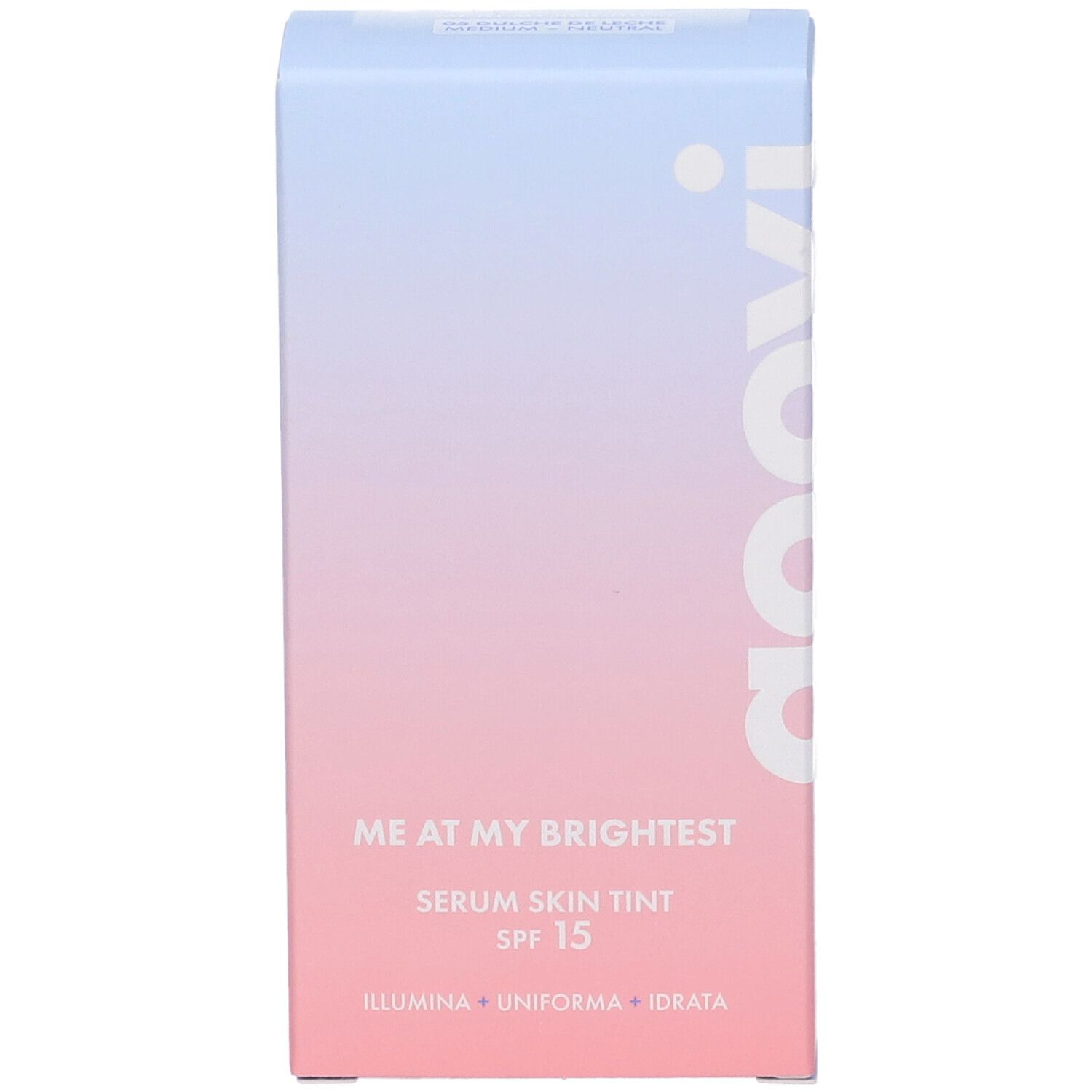 Confezione di Goovi Me At My Brightest Siero Skin Tint SPF15. Sfumatura rosa e blu. Nome del prodotto e marchio visibili.