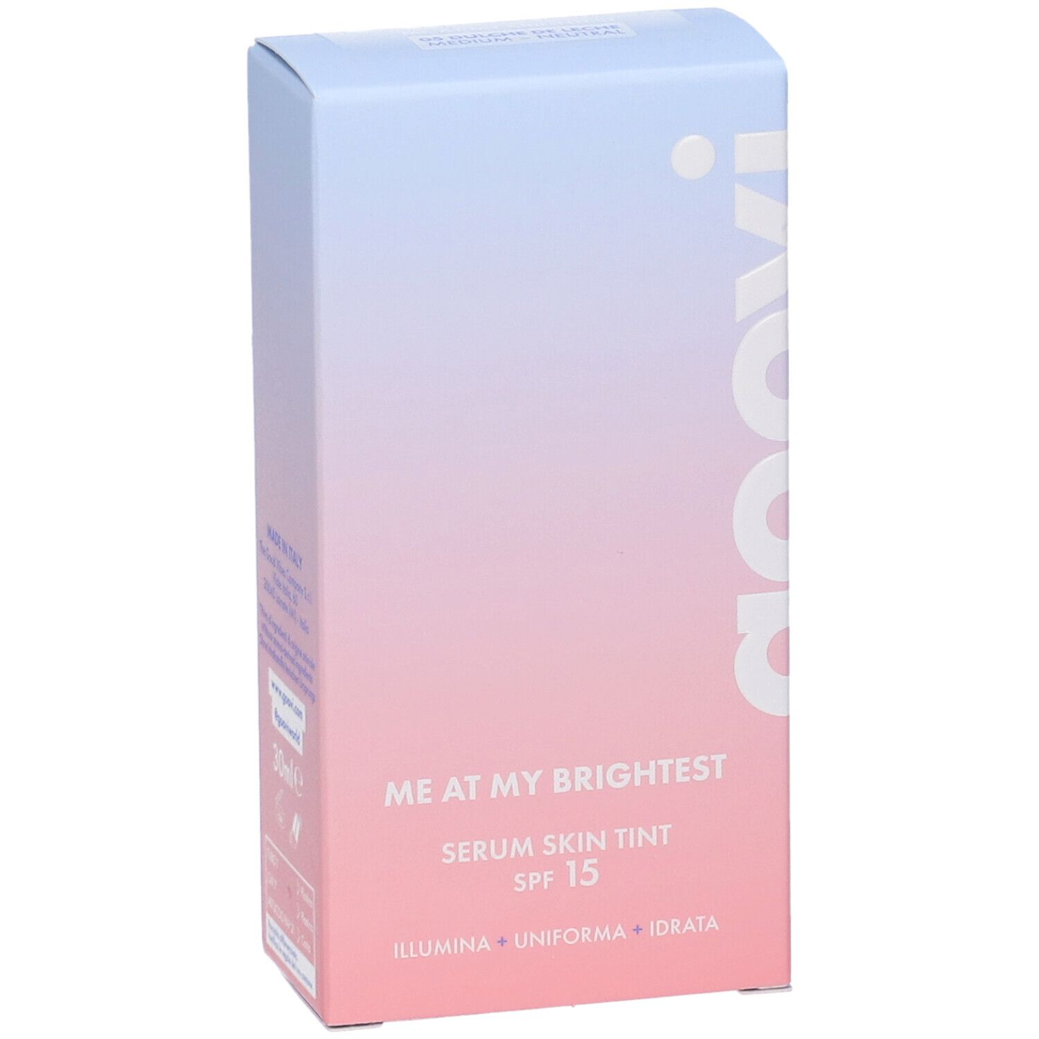 Confezione di Goovi Me At My Brightest Siero Skin Tint SPF15. Sfumatura rosa e blu. Nome del prodotto e marchio visibili.