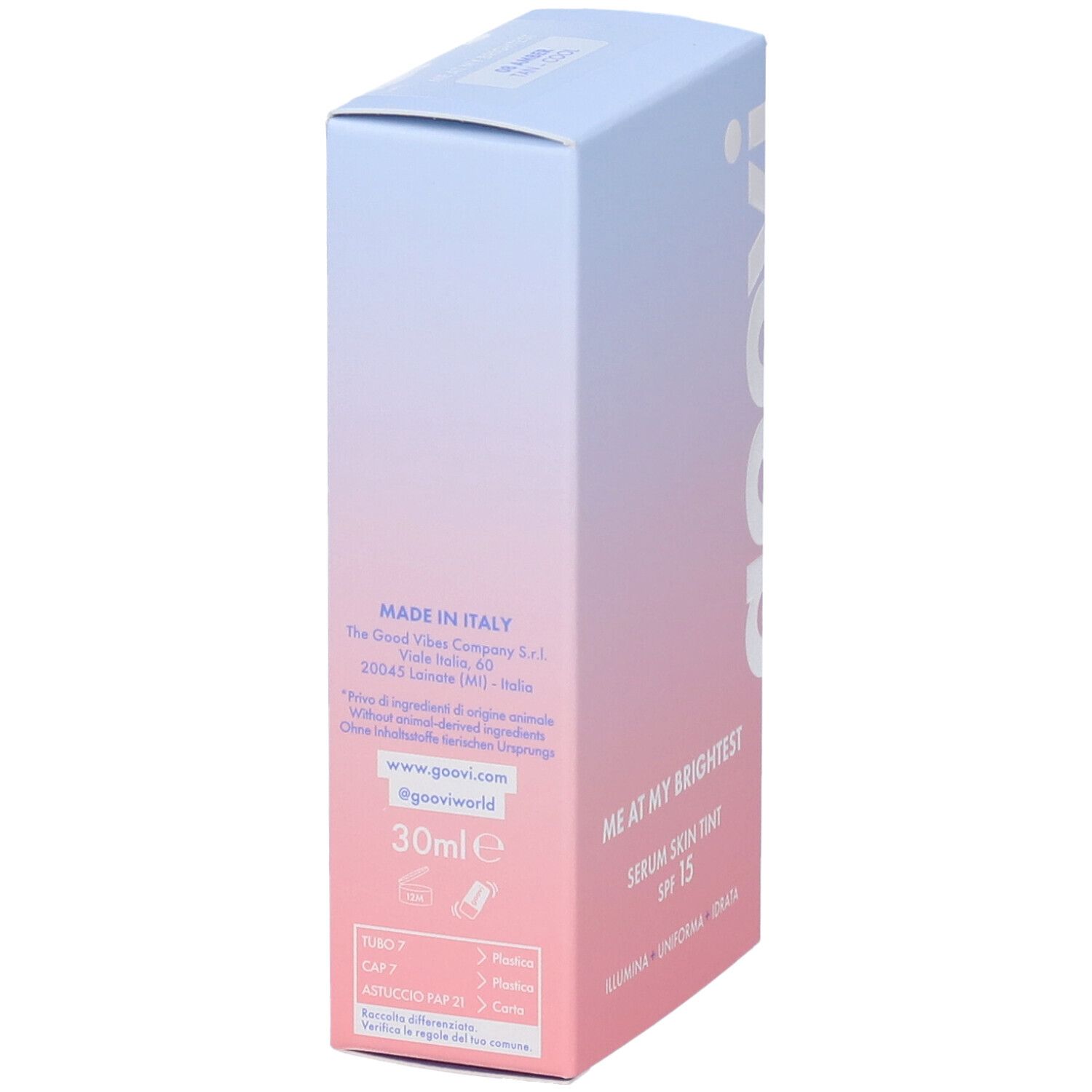 Lato della confezione Goovi. Testo: Made in Italy, 30ml, ingredienti, www.gooviworld.com, @gooviworld.