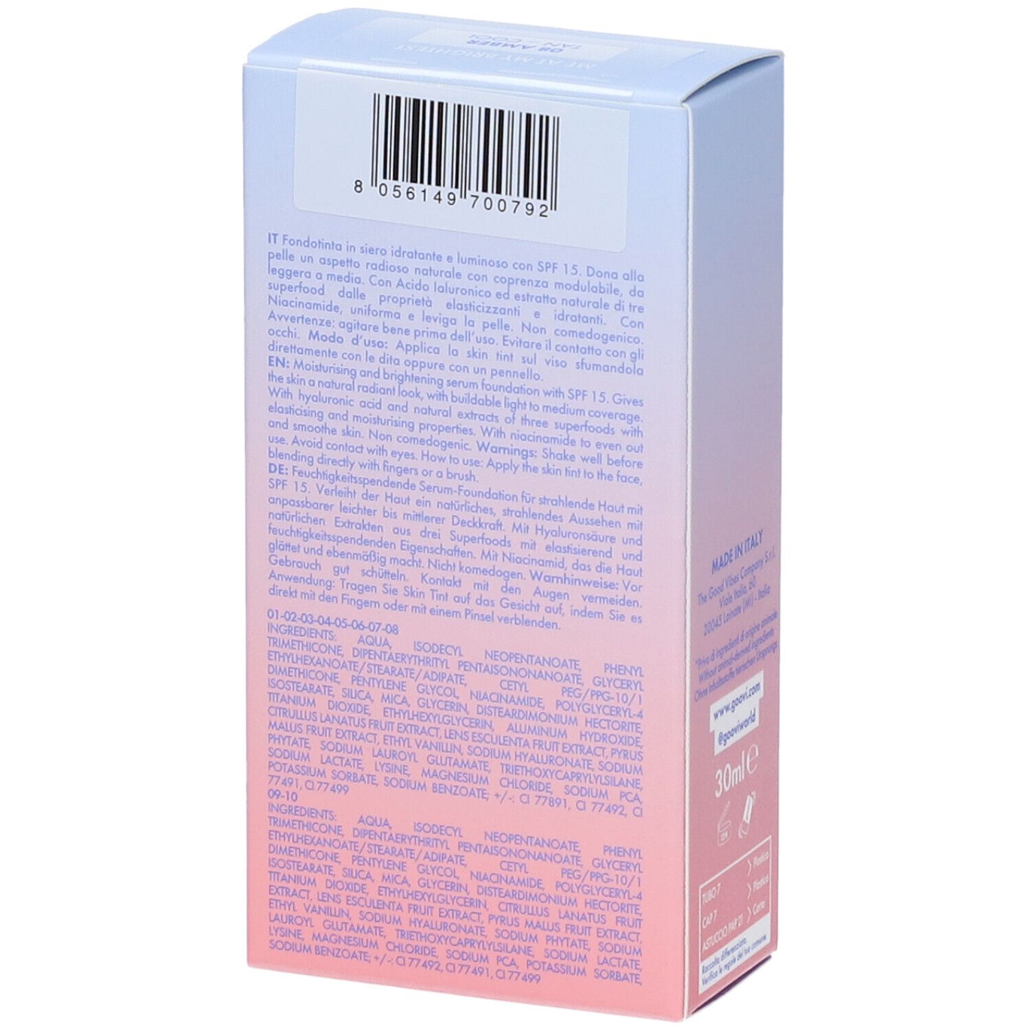 Retro della confezione Goovi. Testo: descrizione del prodotto, ingredienti, codice a barre, Made in Italy, 30ml.