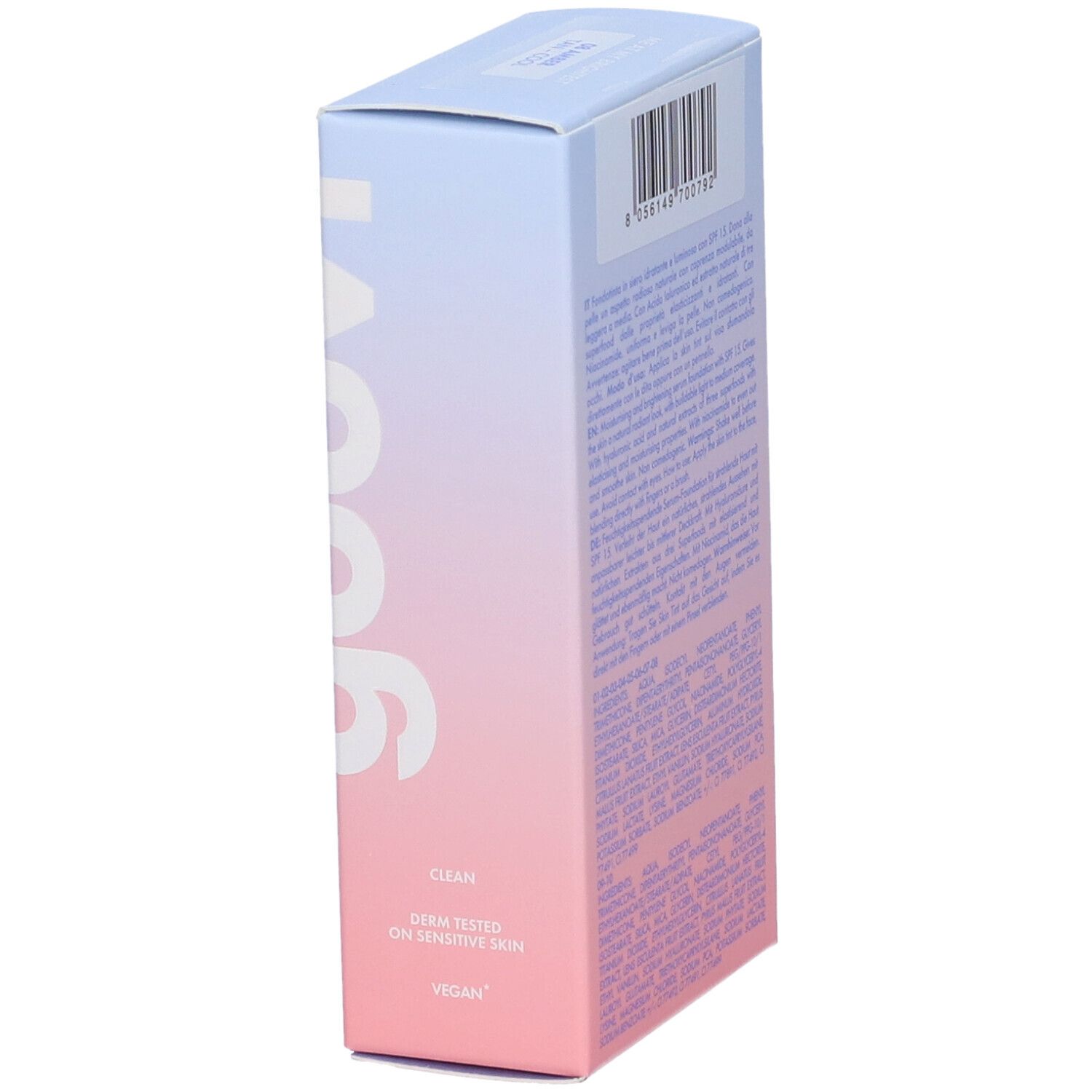 Lato della confezione Goovi. Testo: Clean, testato dermatologicamente, Vegan.