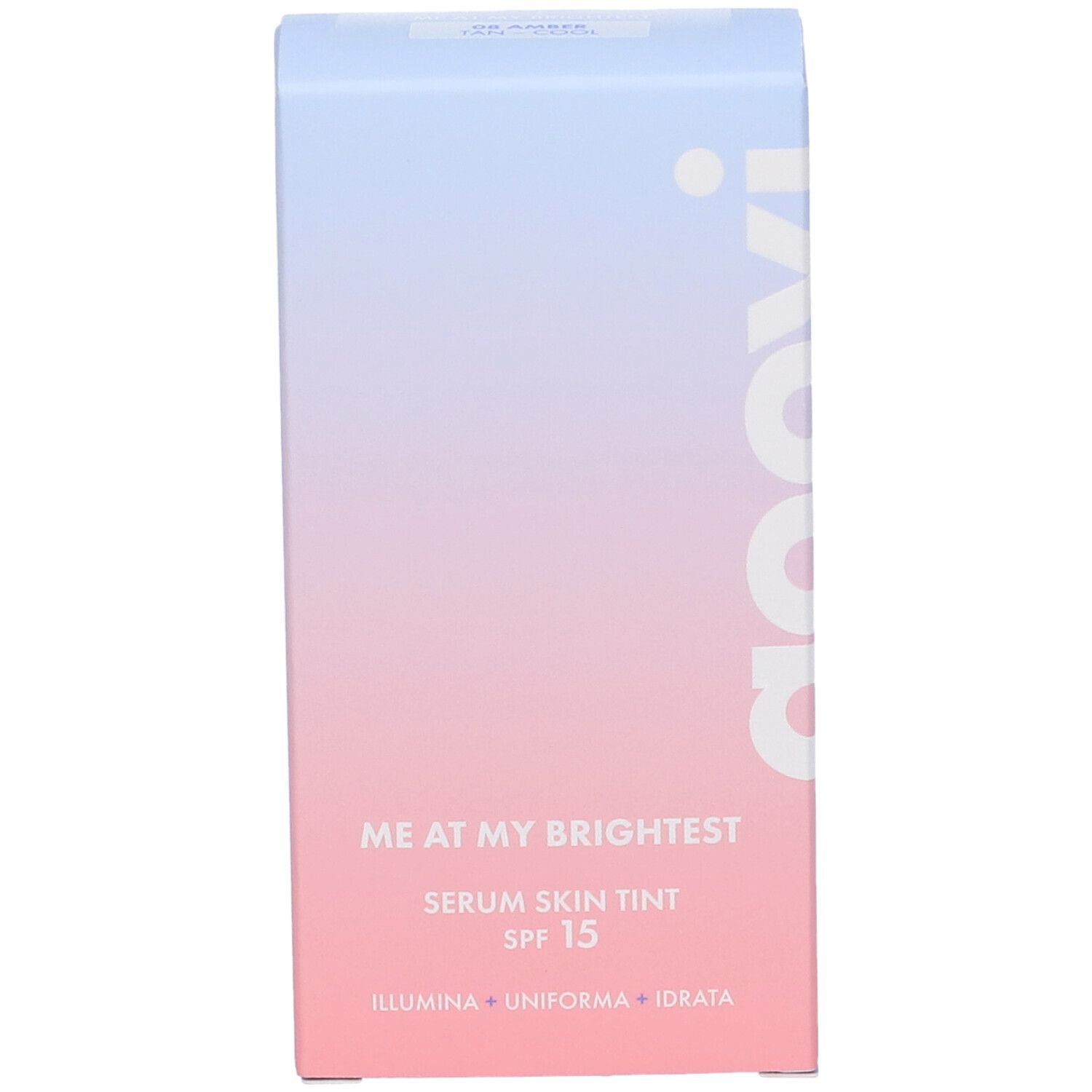 Fronte della confezione Goovi. Testo: Me At My Brightest, Serum Skin Tint SPF15, Illumina, Uniforma, Idratata.