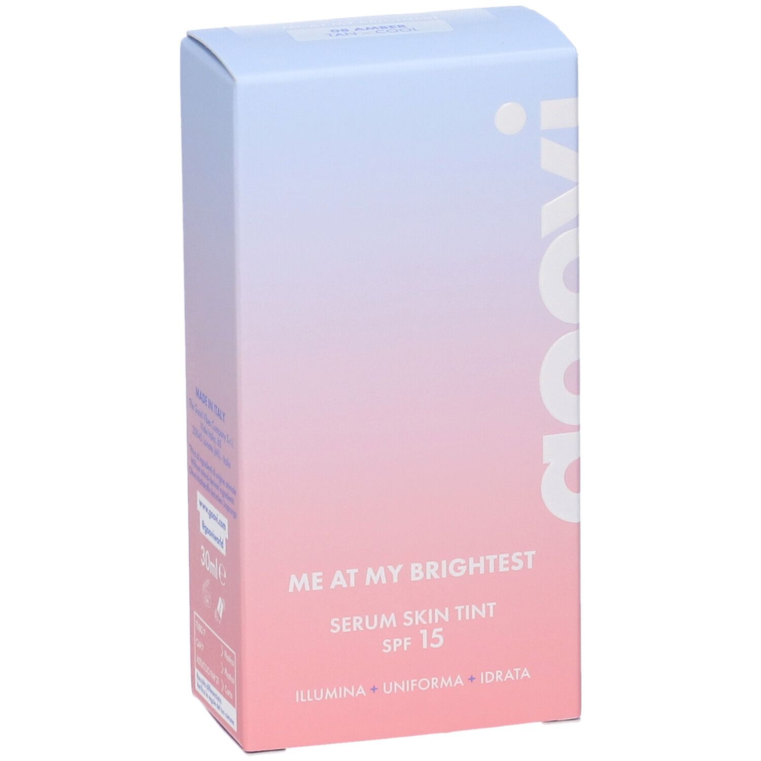 Fronte della confezione Goovi. Testo: Me At My Brightest, Serum Skin Tint SPF15, Illumina, Uniforma, Idratata.