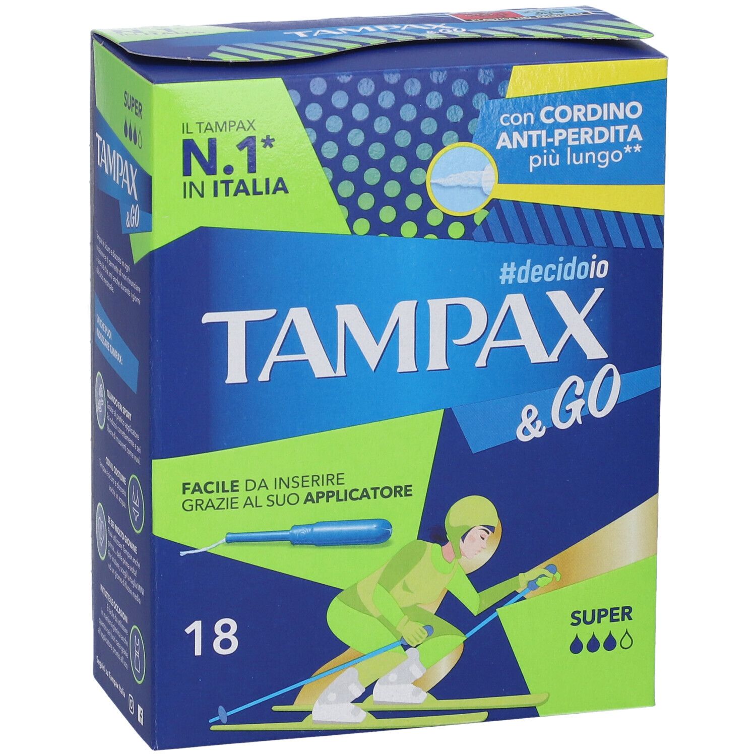 Scatola blu e verde 'Tampax & Go Super', 18 pezzi. Testo: 'N.1 in Italia', 'Cordino anti-perdita più lungo'. Illustrazione di sciatrice con applicatore.