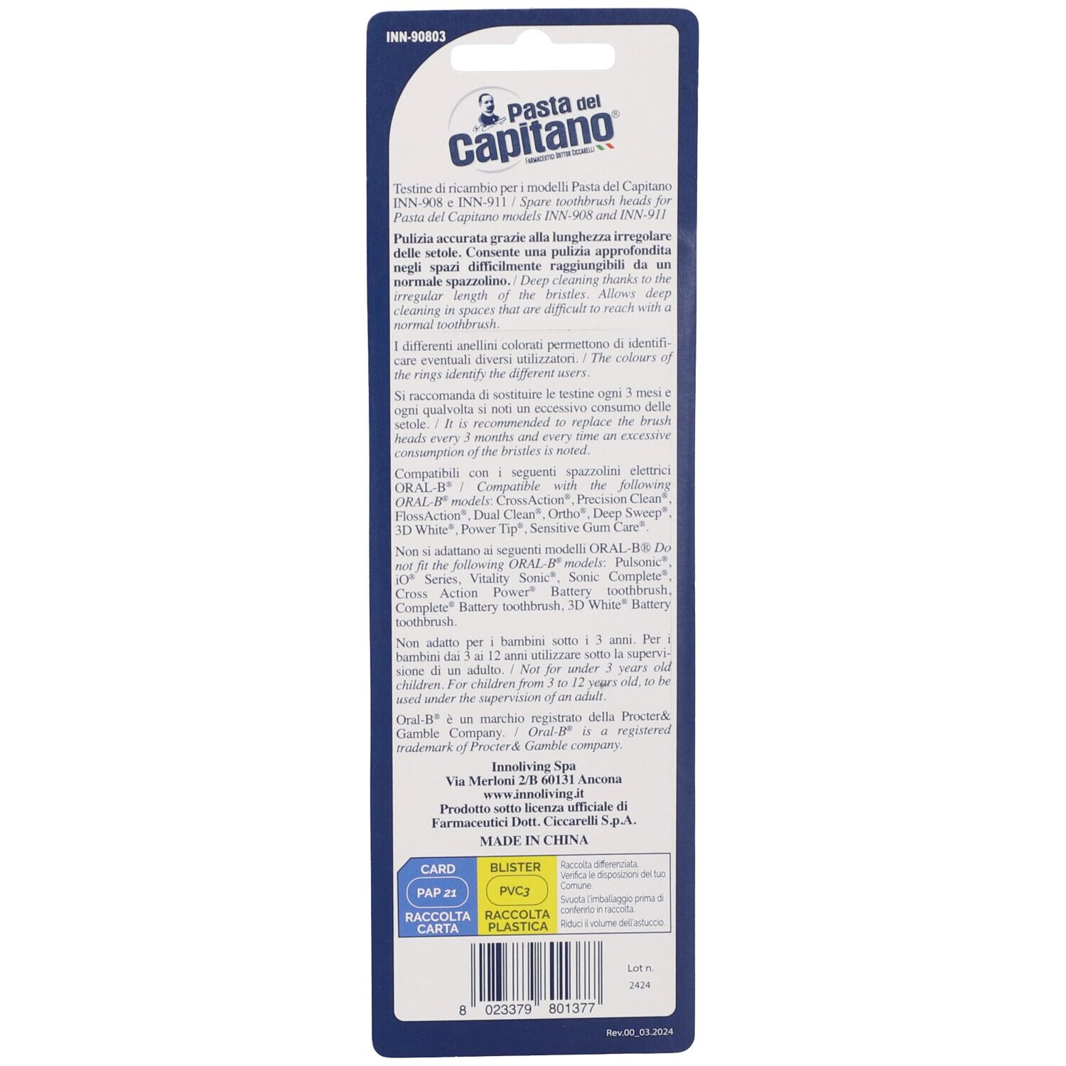 Retro della confezione blister. Testo: Pasta del Capitano, compatibilità con modelli Oral-B. Informazioni sull'uso.