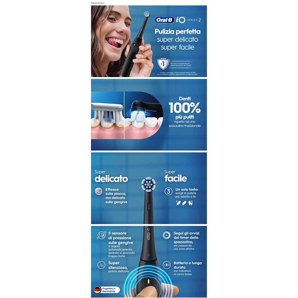 Caratteristiche: denti 100% più puliti, super delicato, super facile, sensore di pressione, timer 2 minuti, batteria a lunga durata.