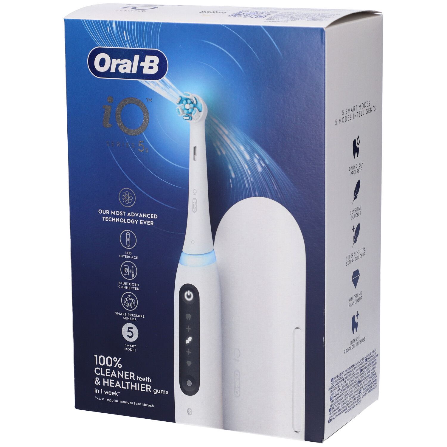 Confezione dello spazzolino elettrico Oral-B iO Series 5s. Prodotto e accessori.