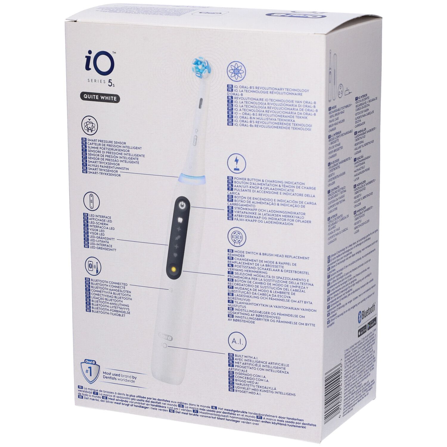 Retro della confezione con informazioni sul prodotto. Oral-B iO Series 5s.