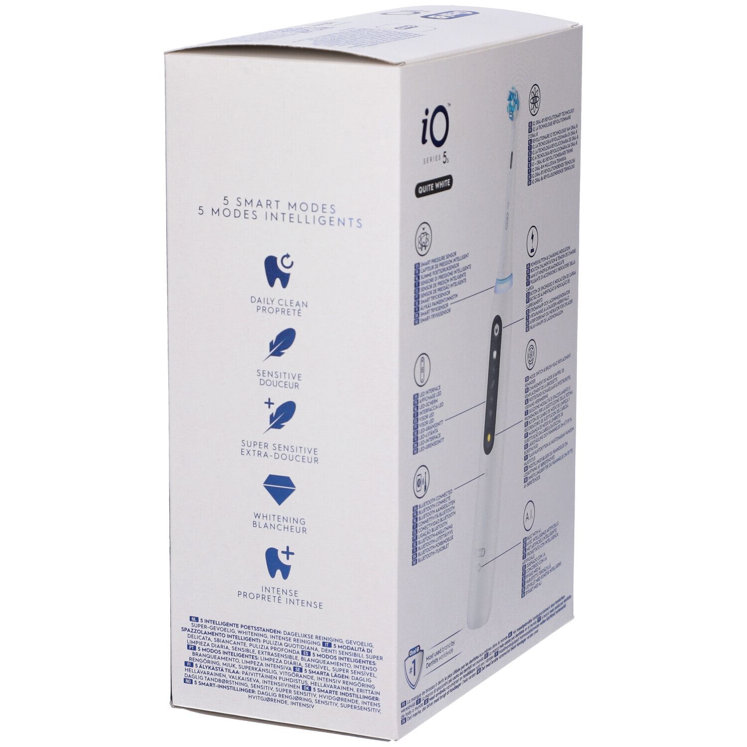 Confezione con caratteristiche del prodotto. 5 modalità di pulizia. Oral-B iO Series 5s.
