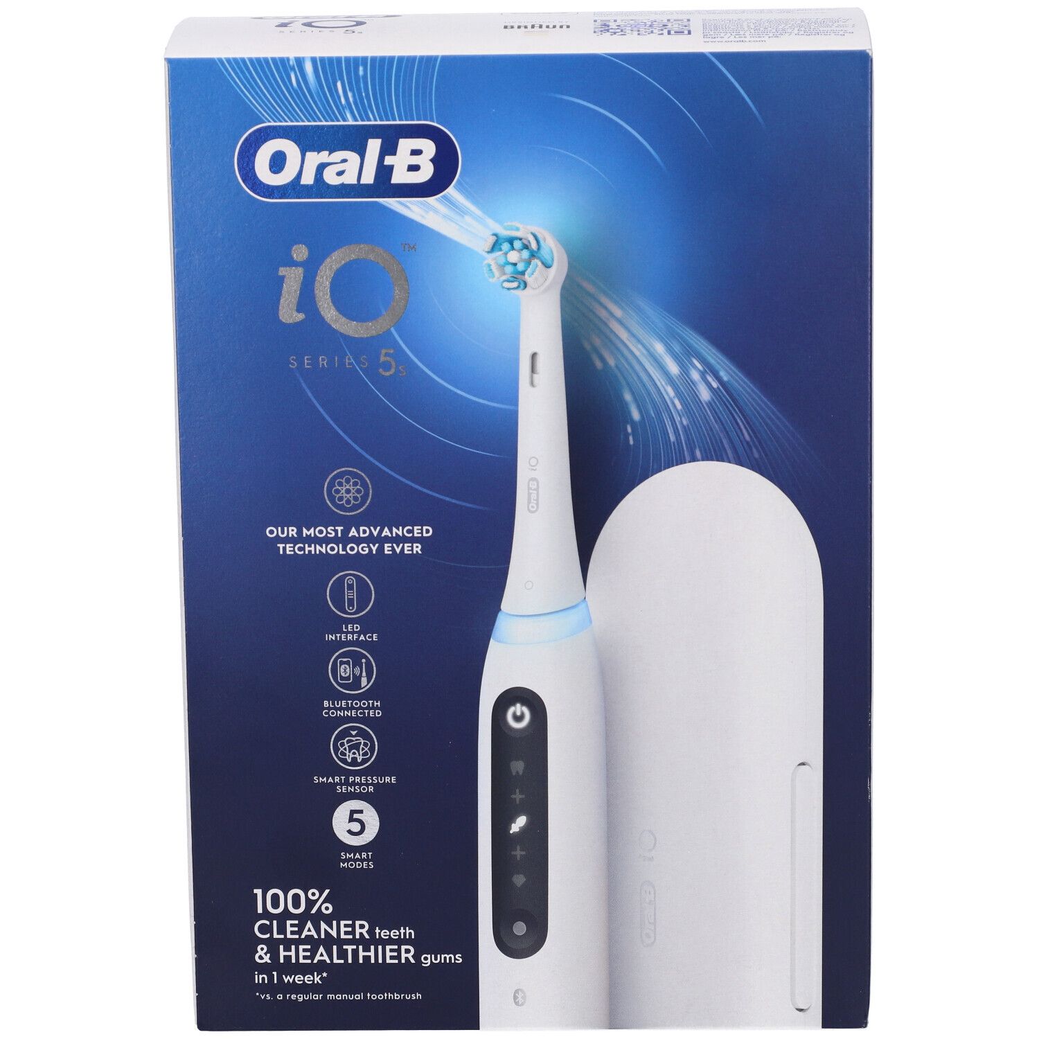 Confezione dello spazzolino elettrico Oral-B iO Series 5s. Prodotto e accessori.