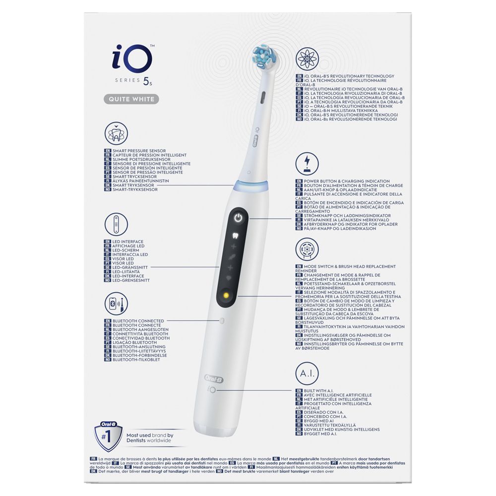Retro della confezione con informazioni sul prodotto. Oral-B iO Series 5s.