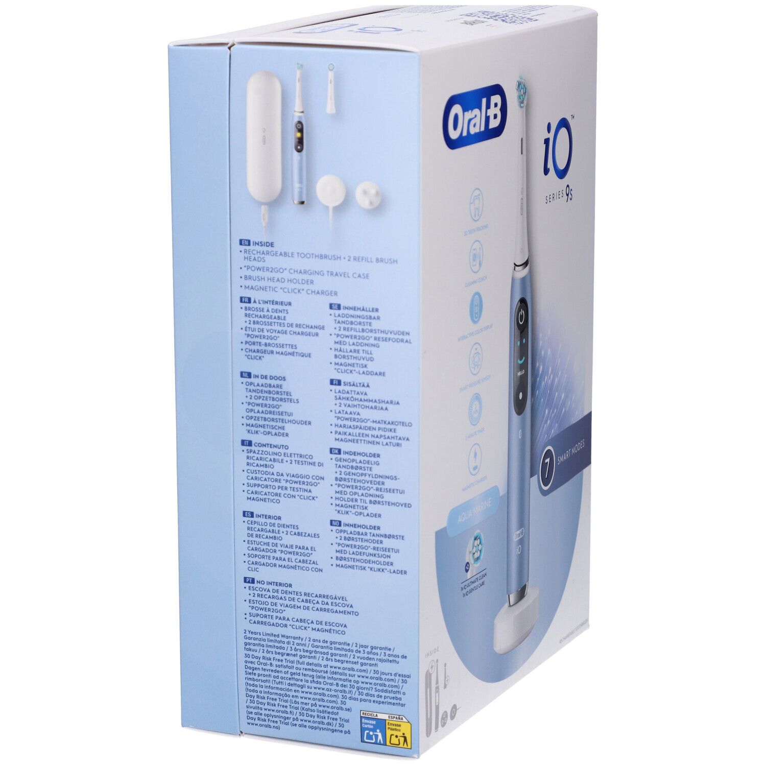 Confezione dello spazzolino elettrico. Retro con informazioni e illustrazioni del prodotto. Spazzolino blu.