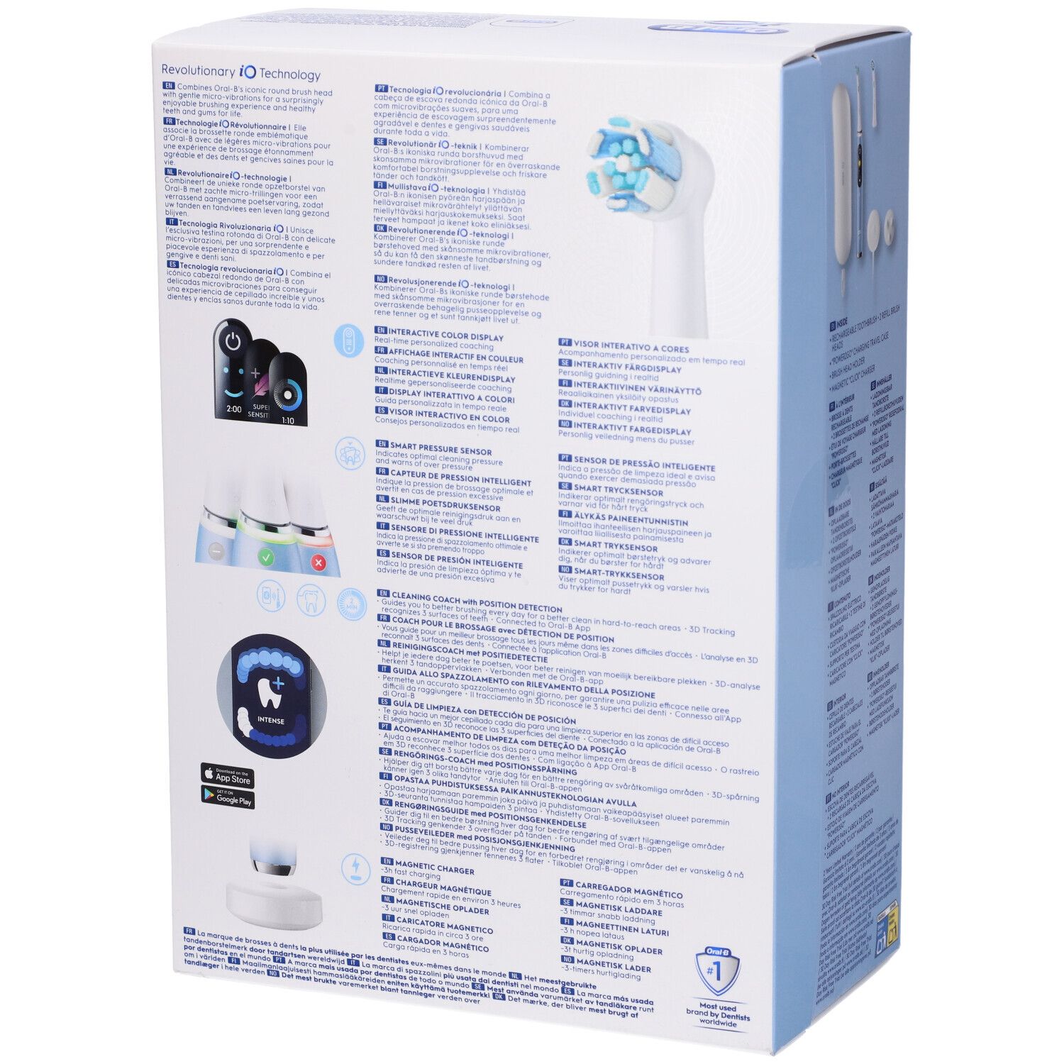 Retro della confezione dello spazzolino elettrico. Informazioni, illustrazioni e loghi. Spazzolino blu.