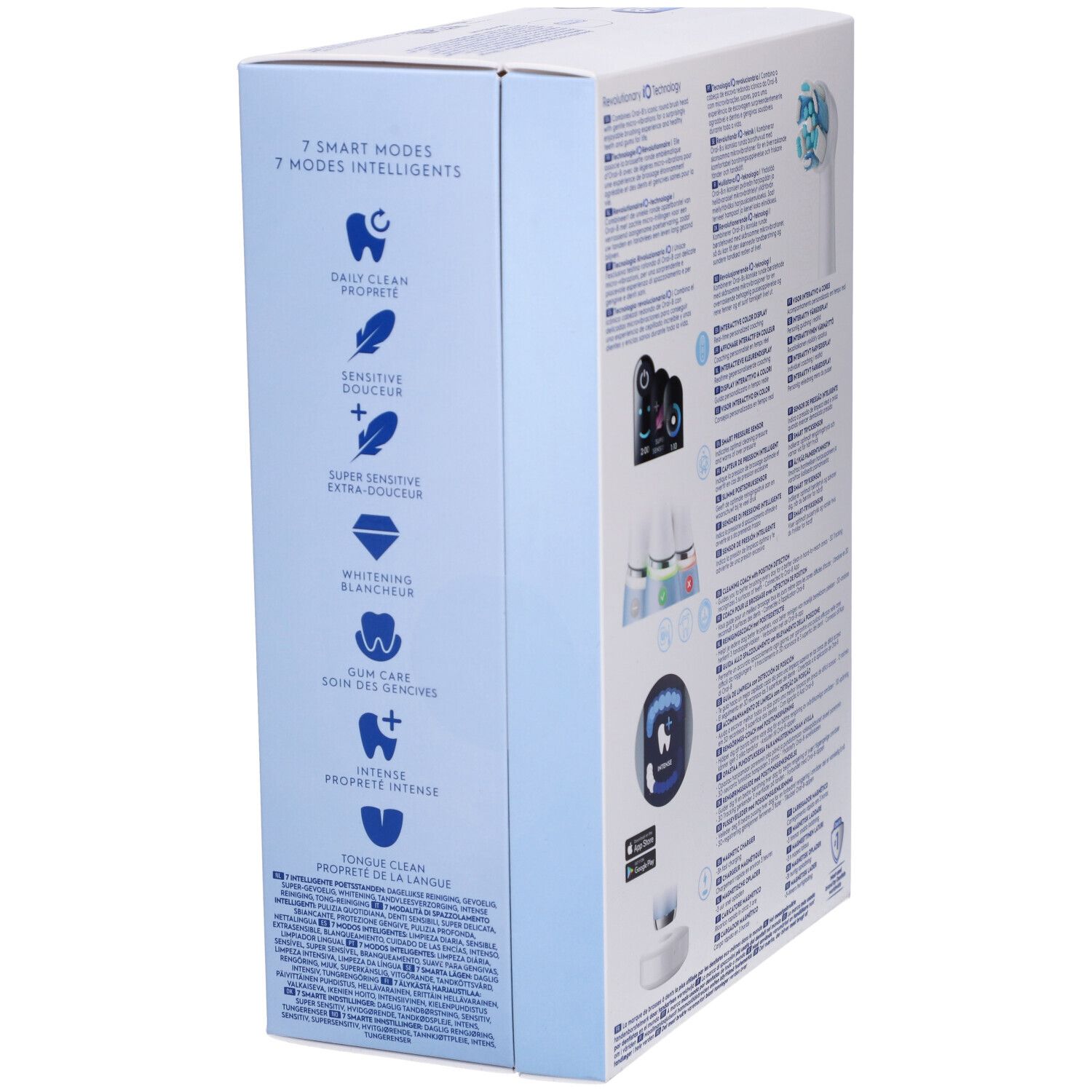 Confezione dello spazzolino elettrico. Vista laterale con caratteristiche del prodotto e 7 modalità intelligenti.