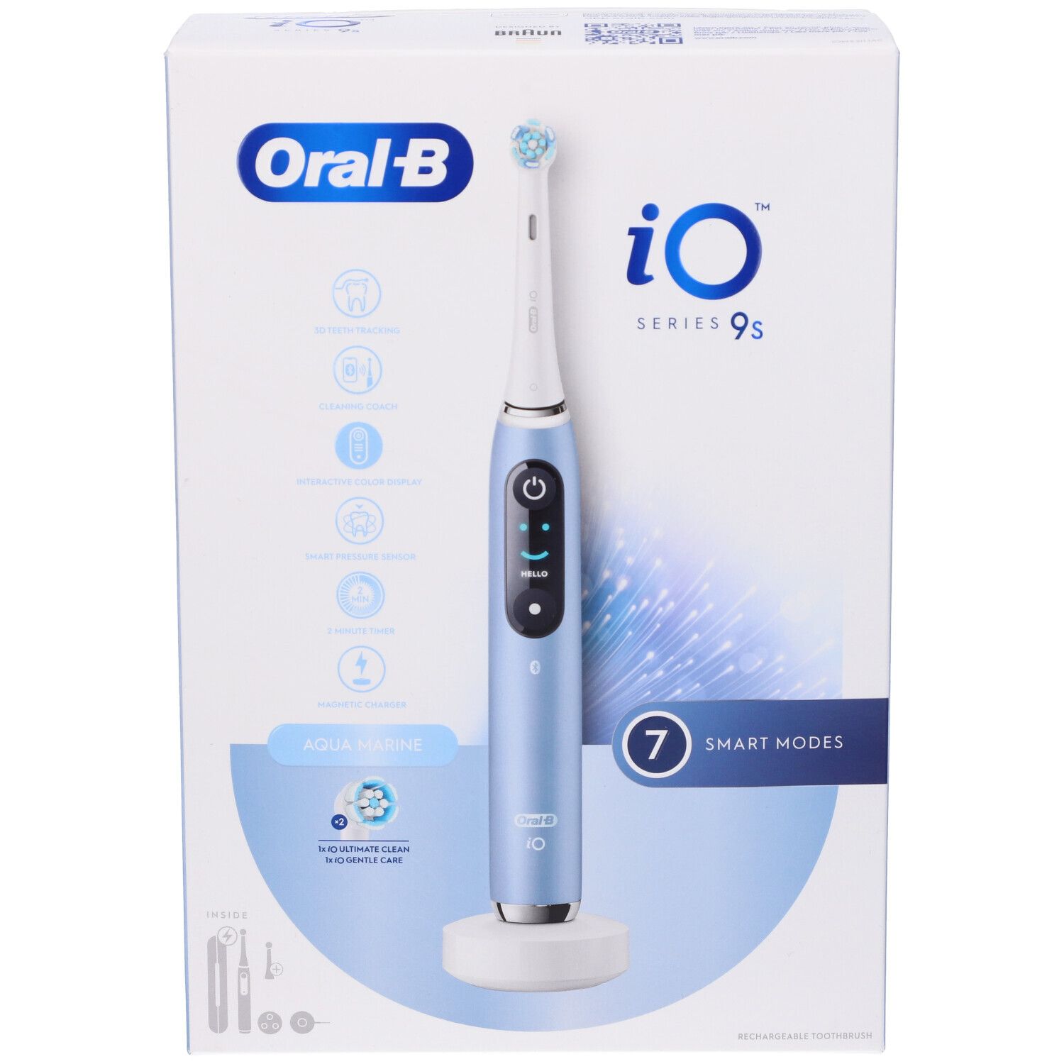Confezione dello spazzolino elettrico. Spazzolino blu, base di ricarica e accessori. 7 modalità intelligenti.