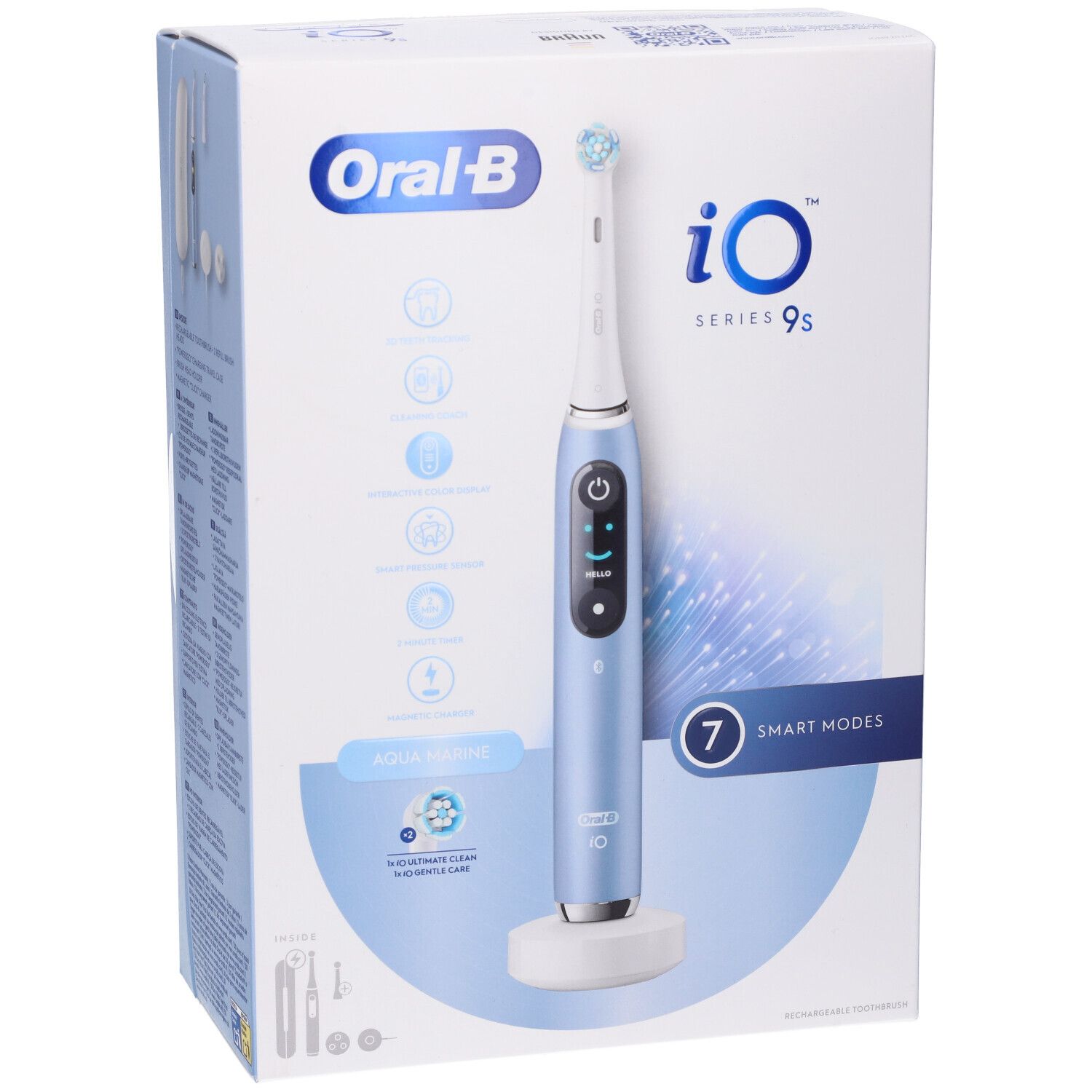Confezione dello spazzolino elettrico. Spazzolino blu, base di ricarica e accessori. 7 modalità intelligenti.