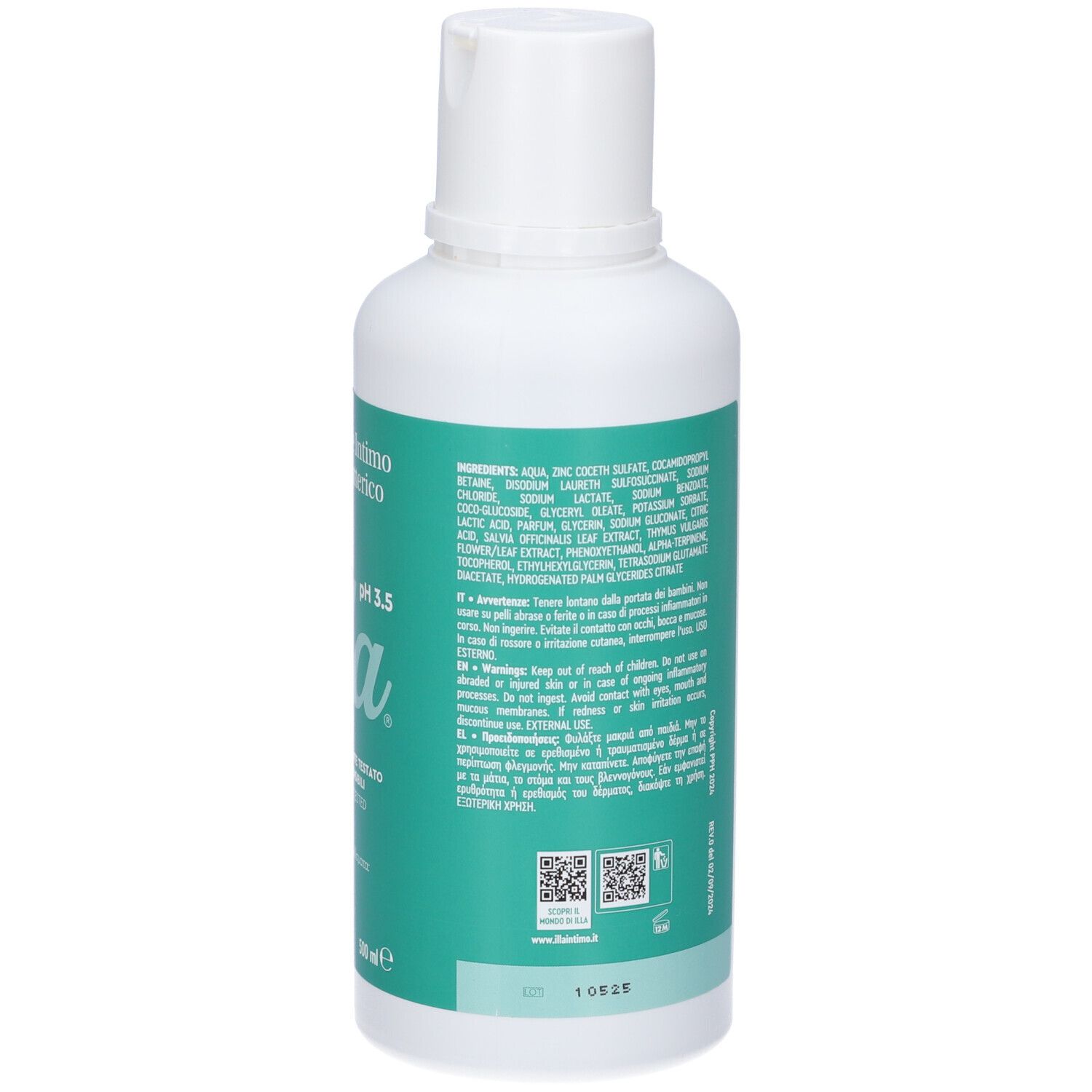 Flacone bianco con etichetta verde. Scritta: Detergente Intimo con Antibatterico, pH 3.5, illa. Per pelli sensibili.