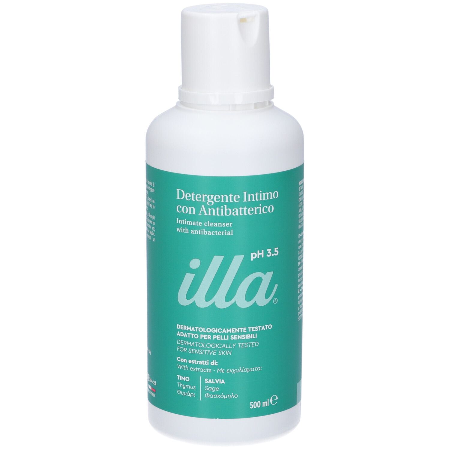 Flacone bianco con etichetta verde. Scritta: Detergente Intimo con Antibatterico, pH 3.5, illa. Per pelli sensibili.