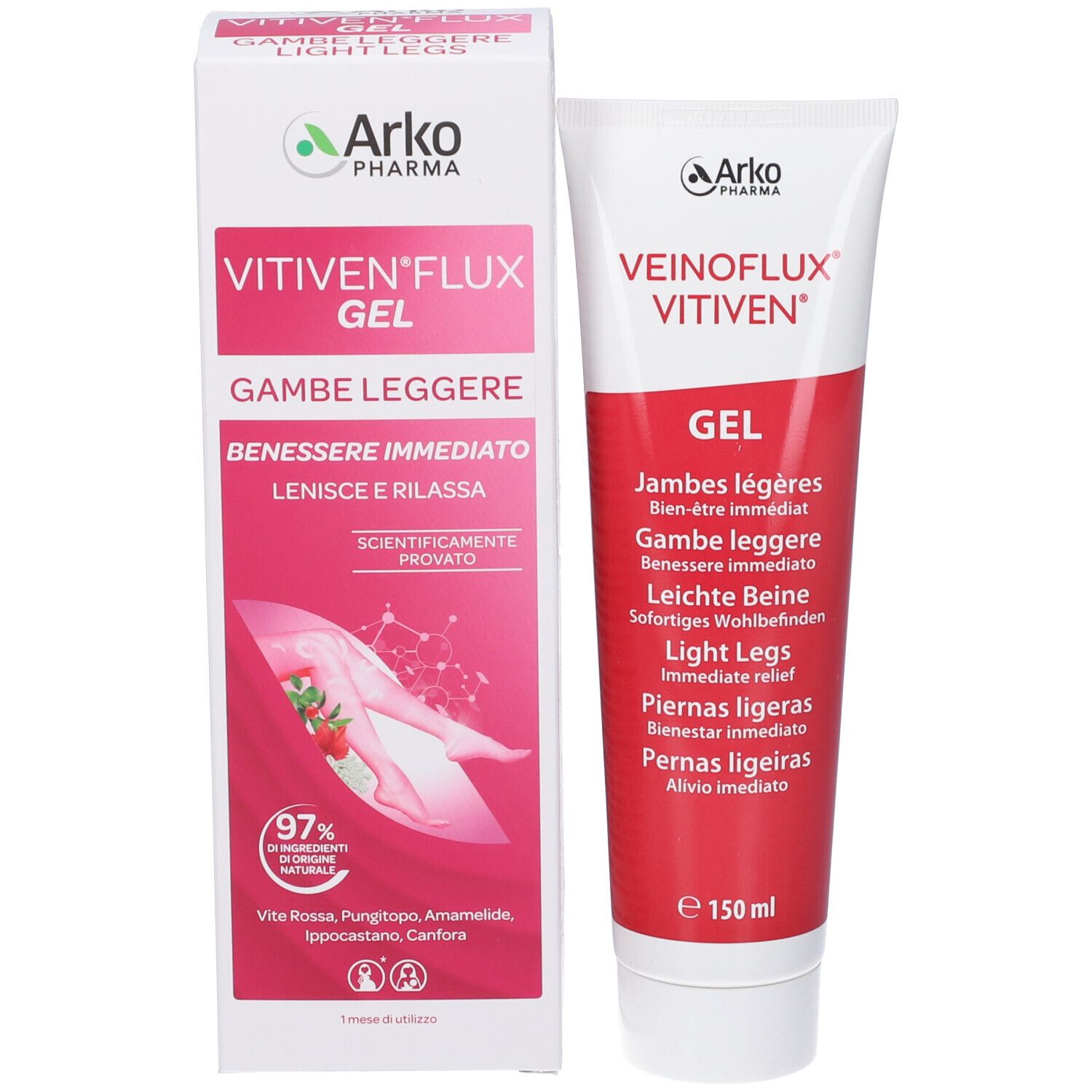Confezione e tubo di gel per gambe leggere. Marchio: VITIVEN® FLUX.