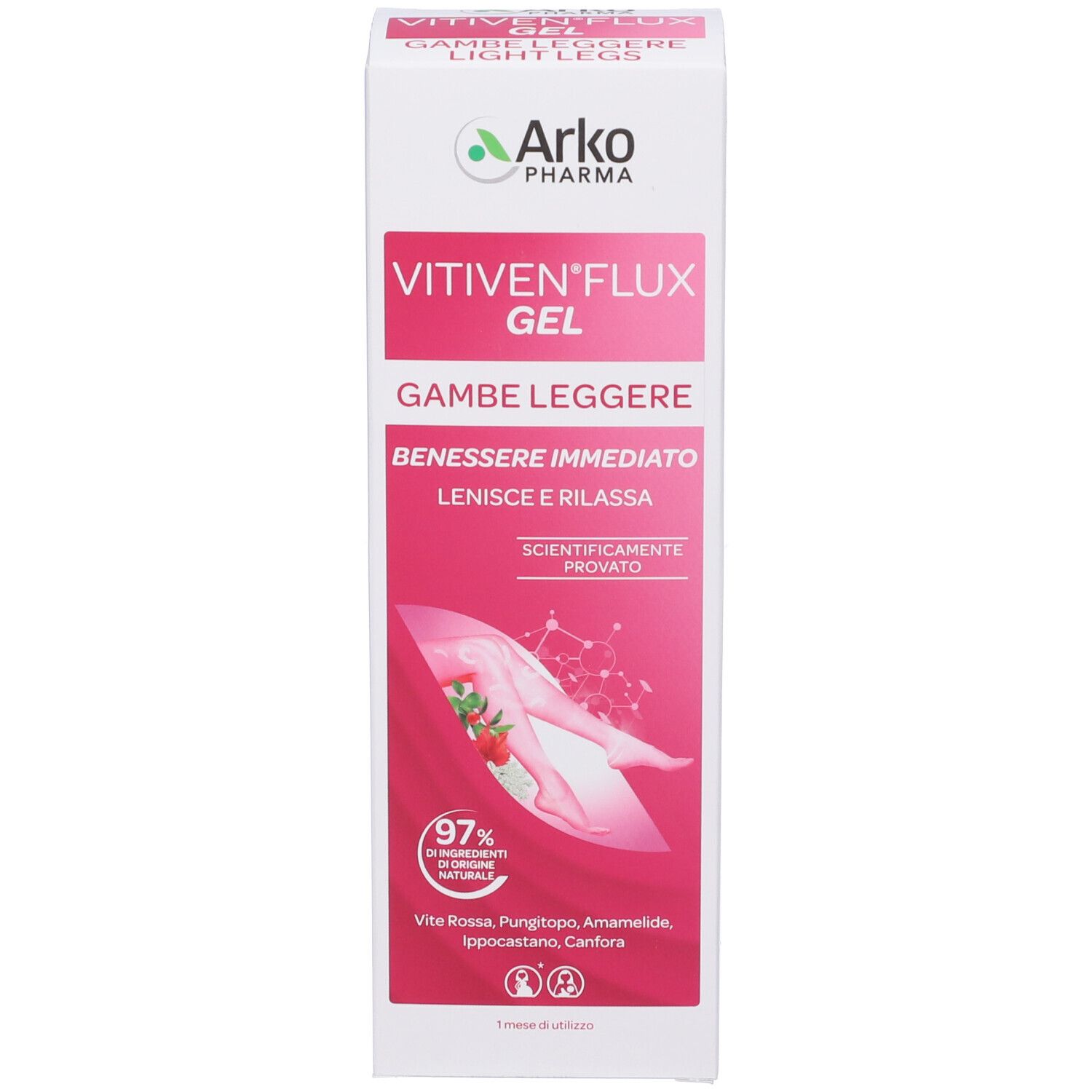 Confezione del prodotto. Gel per gambe leggere. Marchio: VITIVEN® FLUX.
