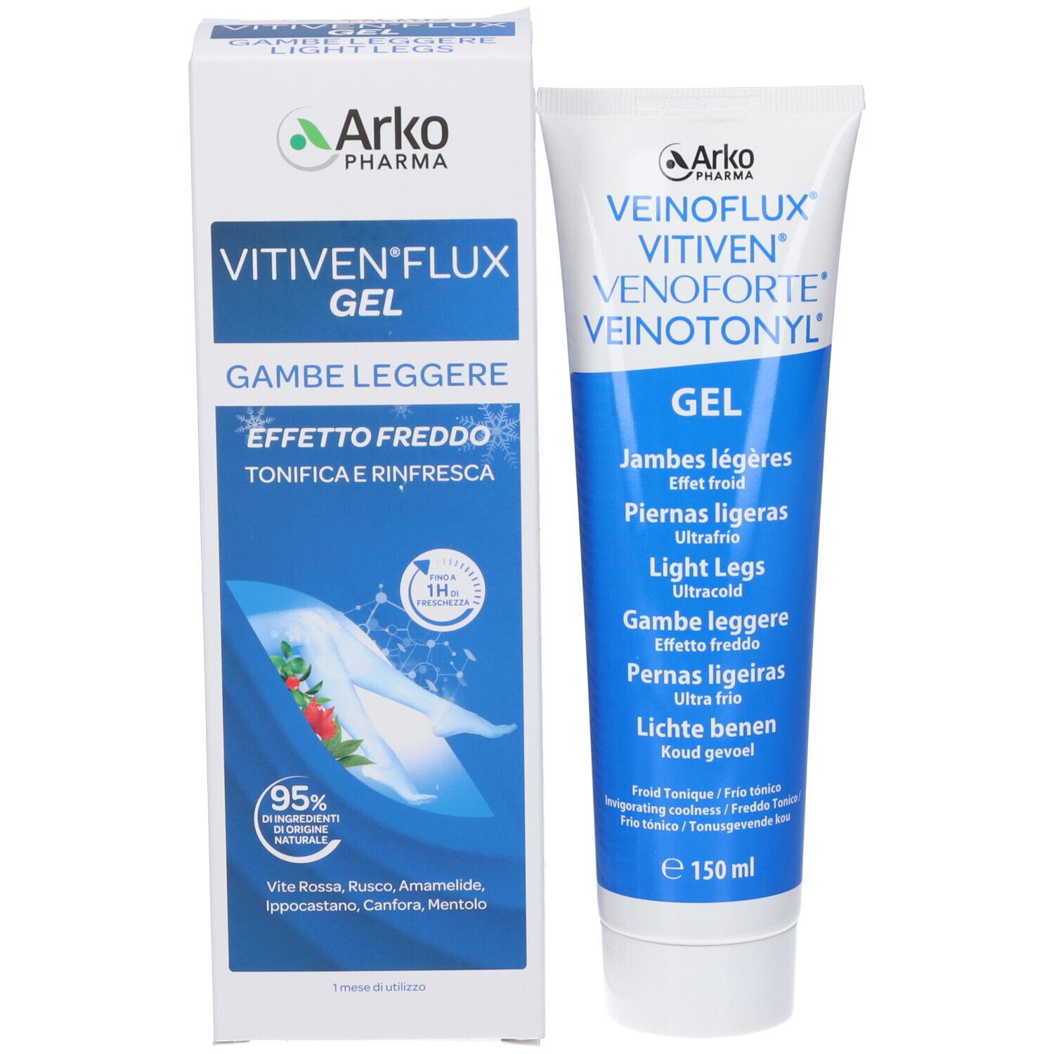 Confezione del prodotto con tubo e scatola. Scatola con nome del prodotto e logo. Contiene gel.