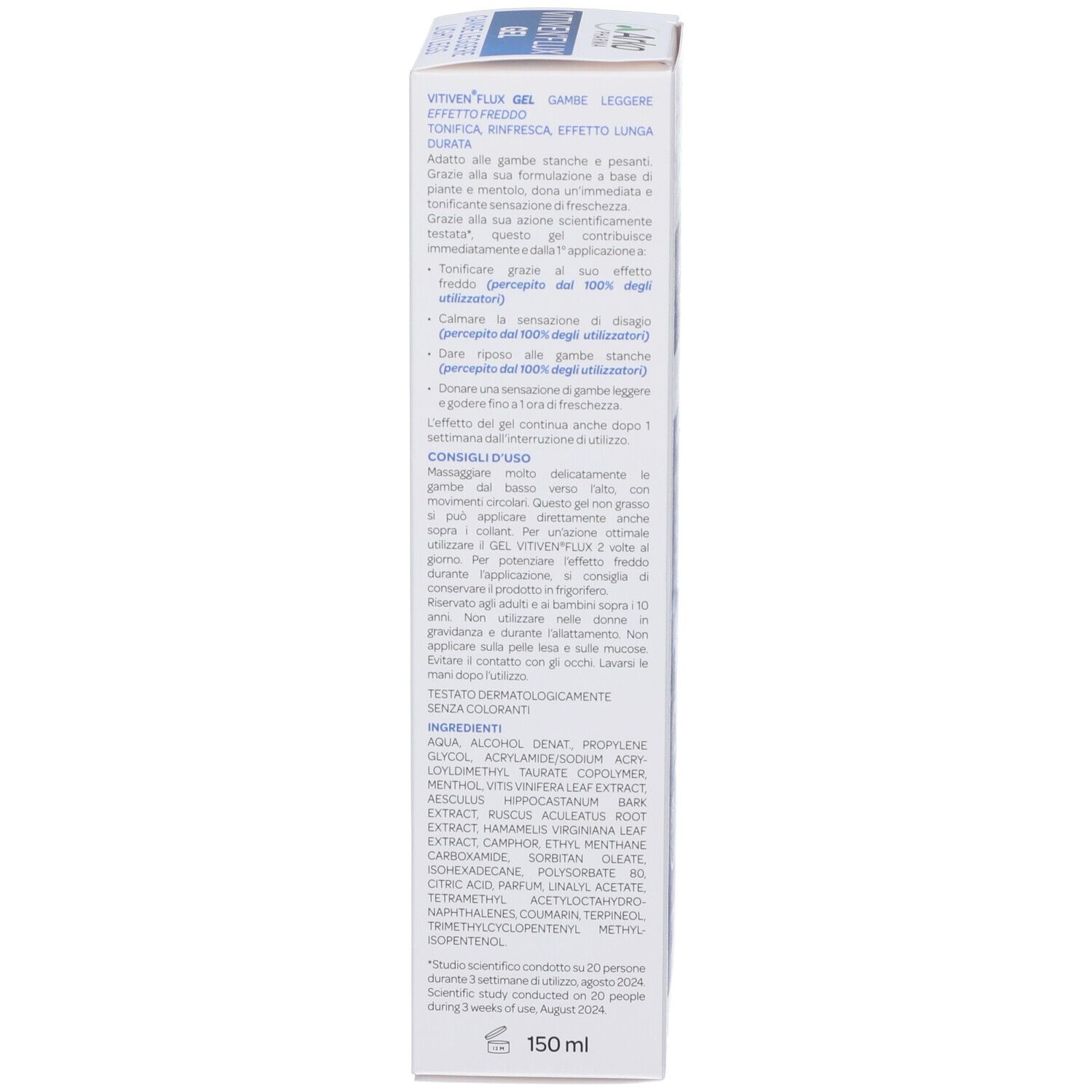 Confezione del prodotto, scatola con informazioni. Contiene ingredienti e istruzioni per l'uso. 150 ml.
