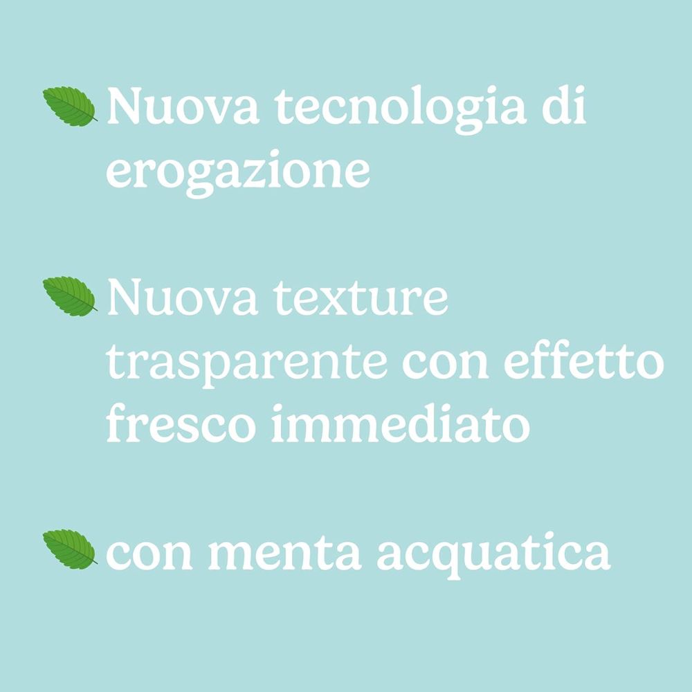 Sfondo azzurro chiaro. Testo: Nuova tecnologia di erogazione, Nuova texture trasparente, con menta acquatica.