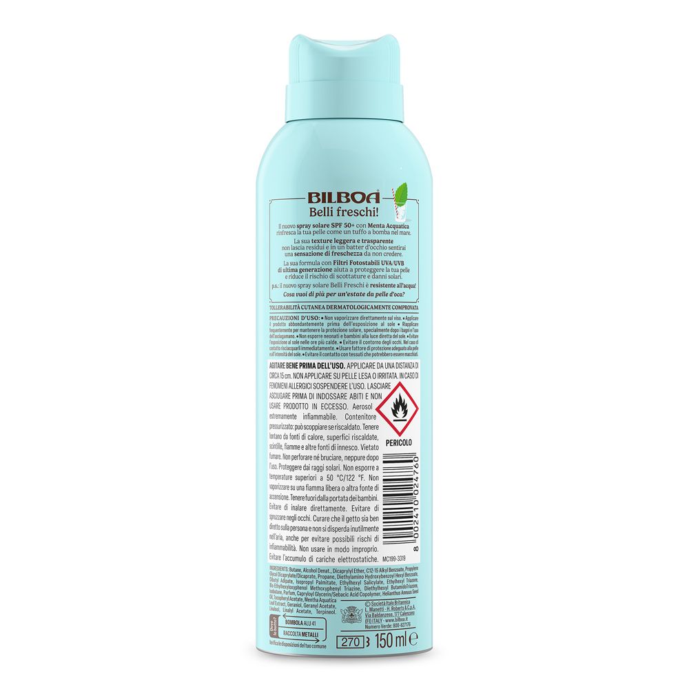 Retro del flacone spray Bilboa. Testo in italiano. Avvertenze e ingredienti.