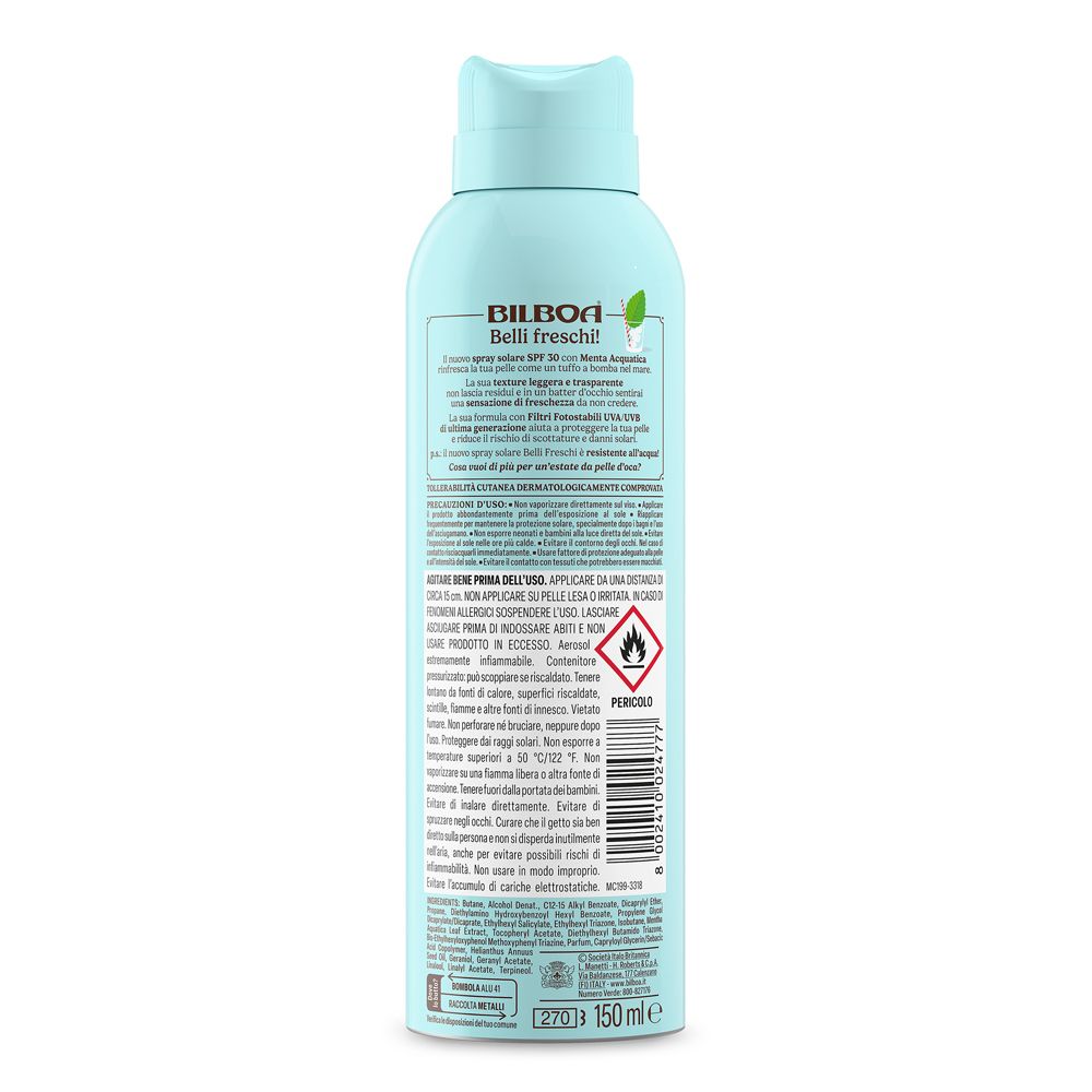 Retro del flacone spray azzurro. Informazioni testuali e avvertenze. Scritta: BILBOA. In basso: 150ml.