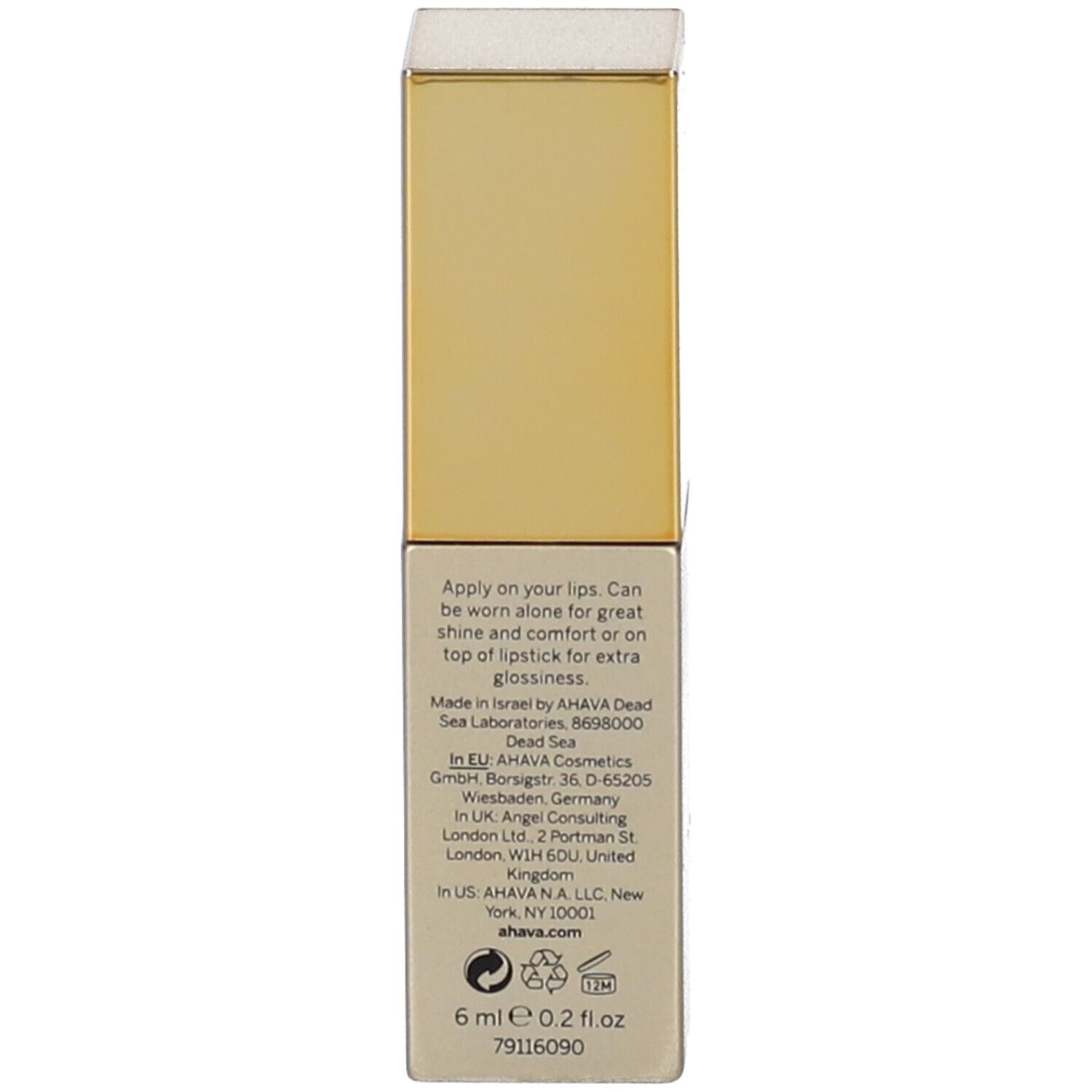 Retro della confezione dell'olio per labbra. Testo: applicazione, ingredienti, informazioni produttore, 6 ml.