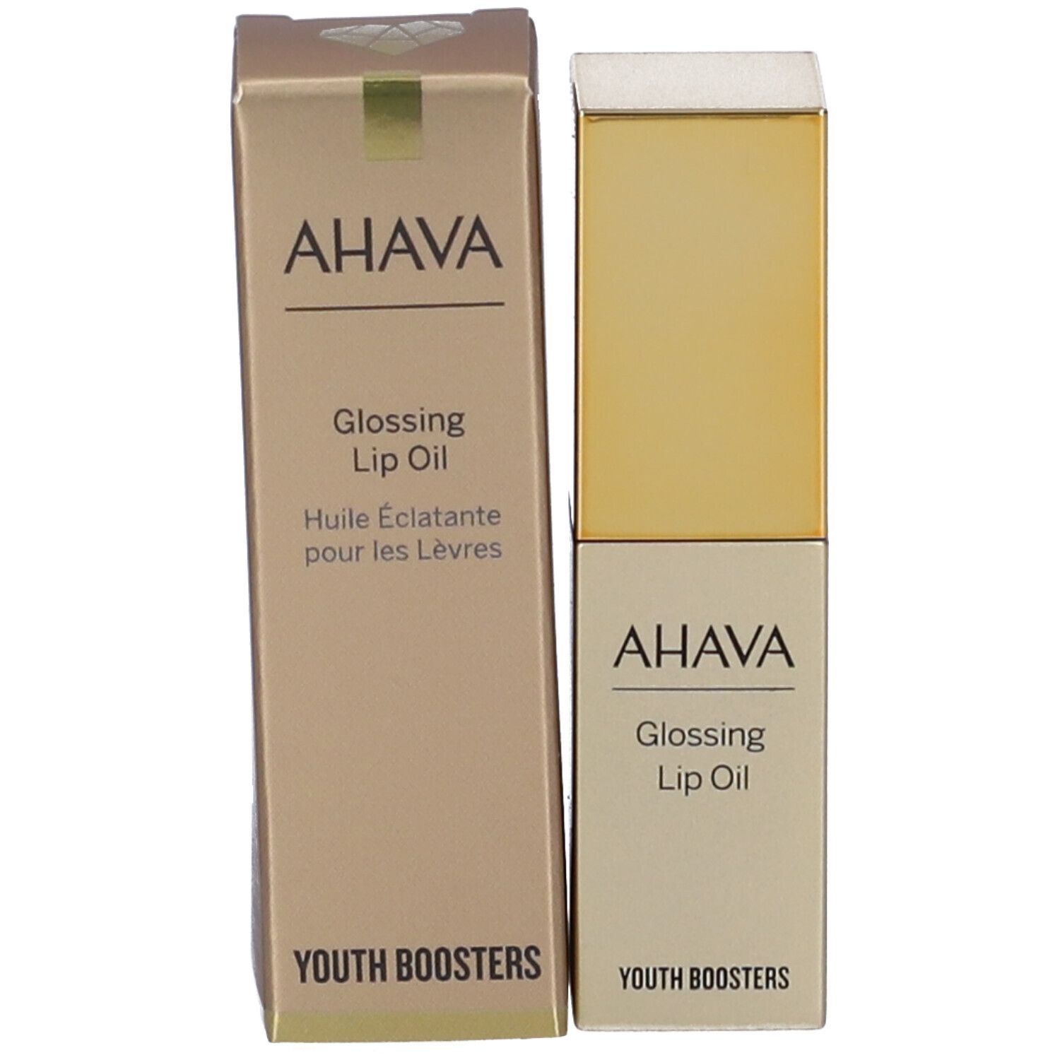 Contenitore di olio per labbra e confezione. Scritta: AHAVA, Glossing Lip Oil, Youth Boosters. Traduzione francese.