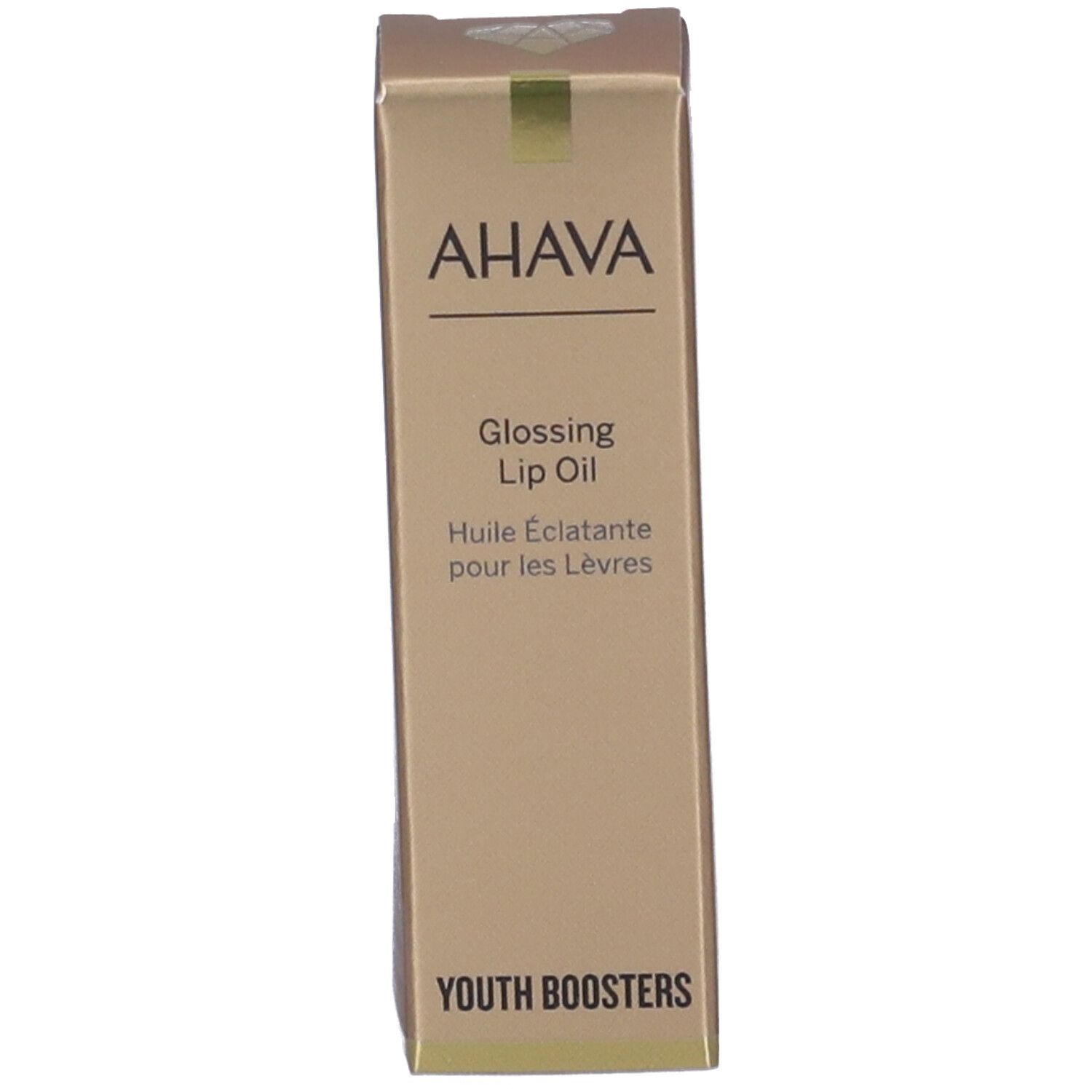 Confezione di olio per labbra. Scritta: AHAVA, Glossing Lip Oil, Youth Boosters. Traduzione francese.