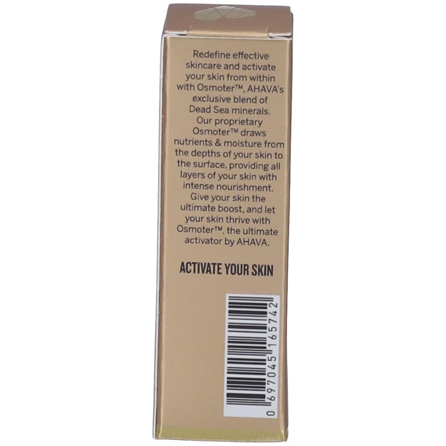 Lato della confezione dell'olio per labbra. Testo: Osmoter, attivazione della pelle, informazioni produttore.