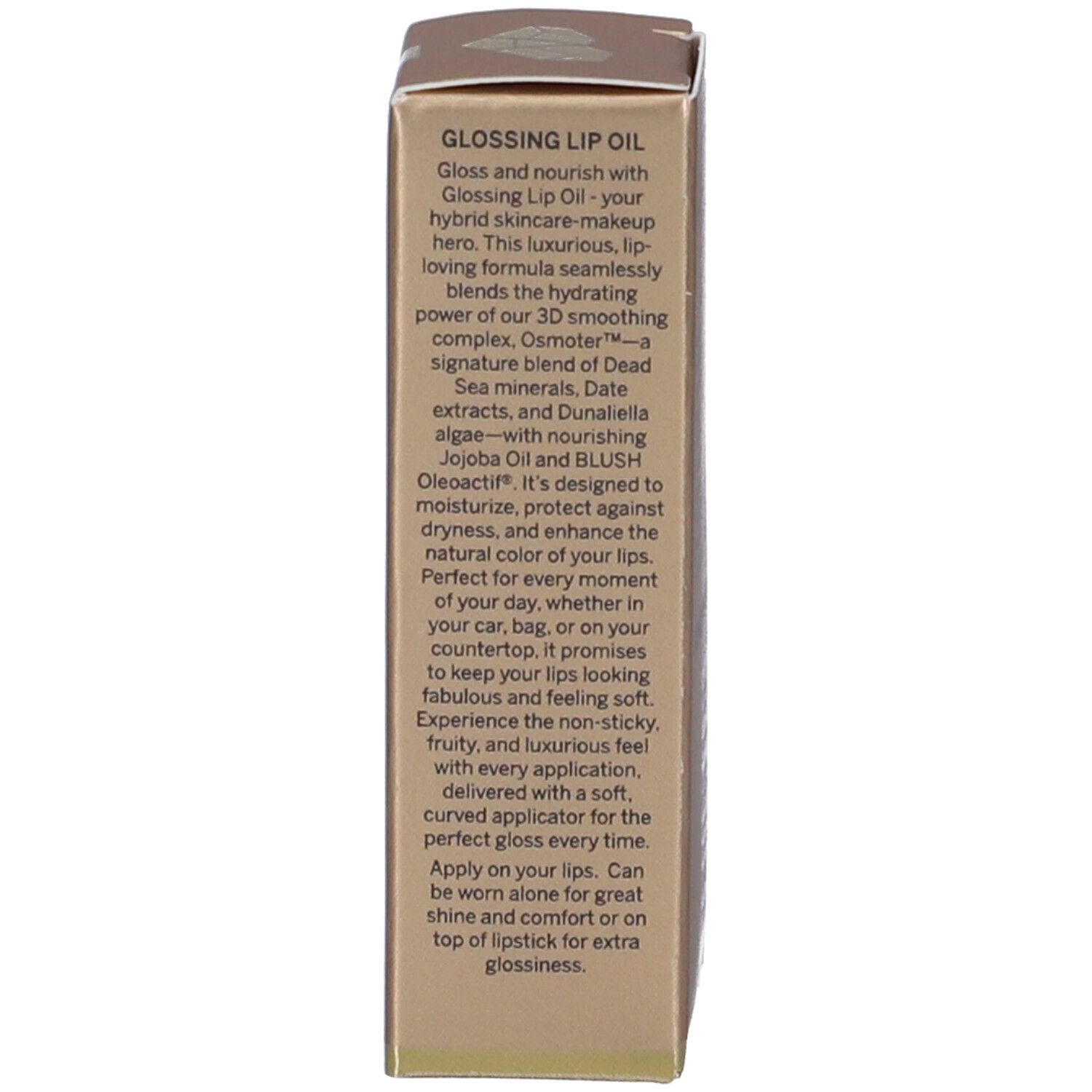 Lato della confezione dell'olio per labbra. Testo: Glossing Lip Oil, applicazione, ingredienti, informazioni produttore.