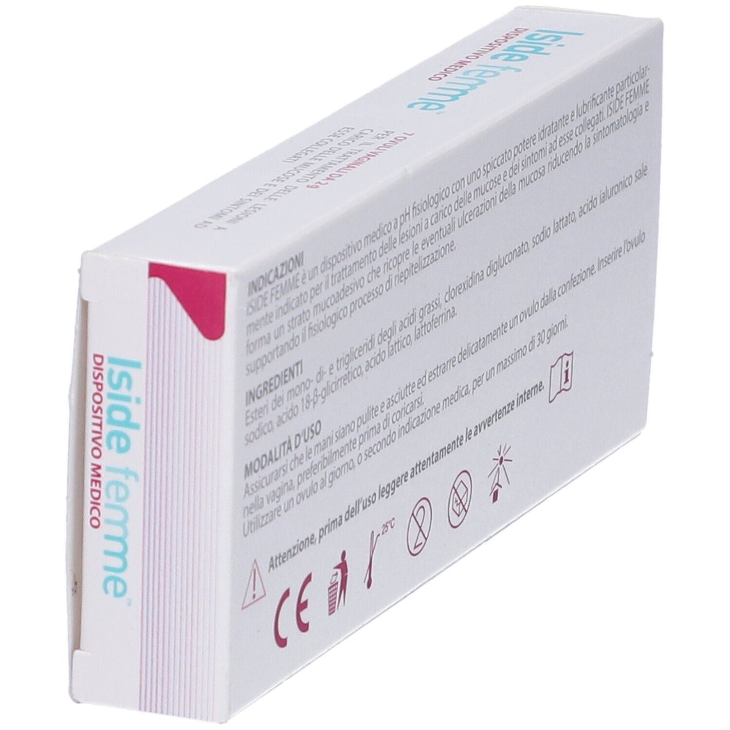 Vista obliqua della scatola bianca. Testo: Iside femme, 7 Ovuli Vaginali. Dispositivo medico. Istruzioni per l'uso.