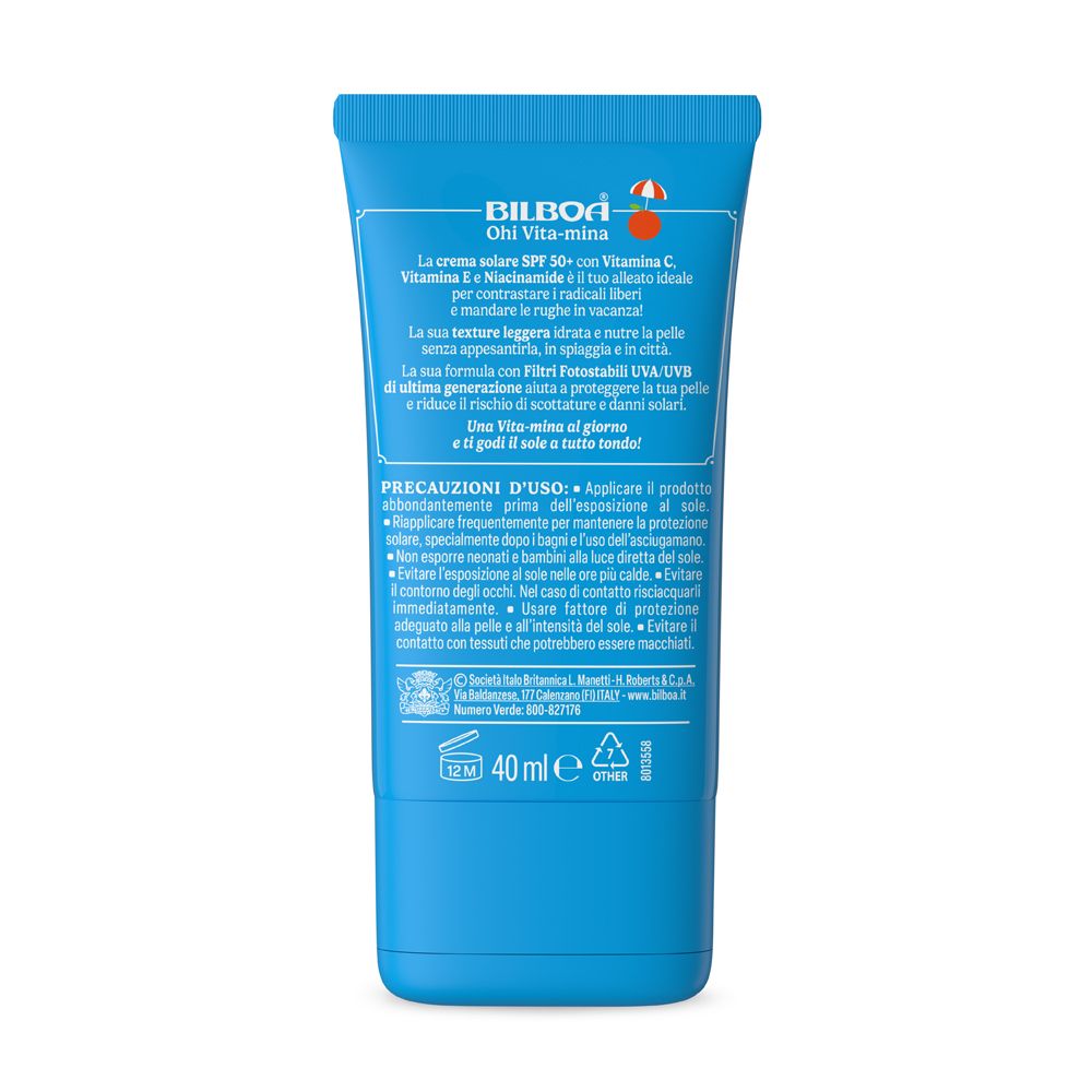 Retro del tubo blu. Testo in italiano. Contiene informazioni sulla crema solare e l'uso.