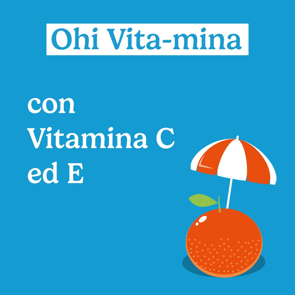 Testo su sfondo blu. Testo: 'Ohi Vita-mina' e 'con Vitamin C ed E'. Illustrazione arancia e ombrellone.