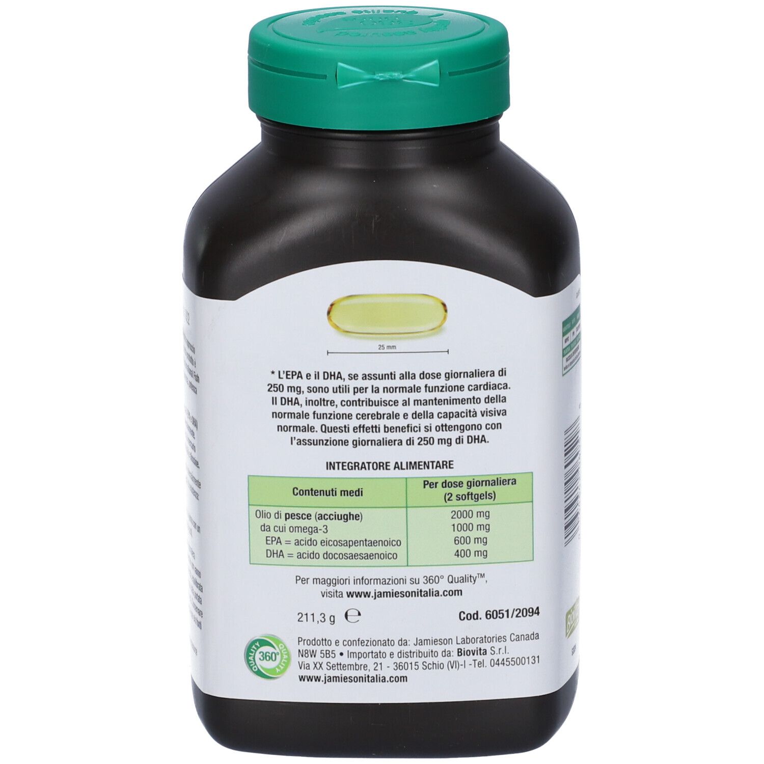 Retro del flacone. Testo con ingredienti e informazioni nutrizionali. 211,3 g. Sigillo di qualità 360°. Cod. 6051/2094.