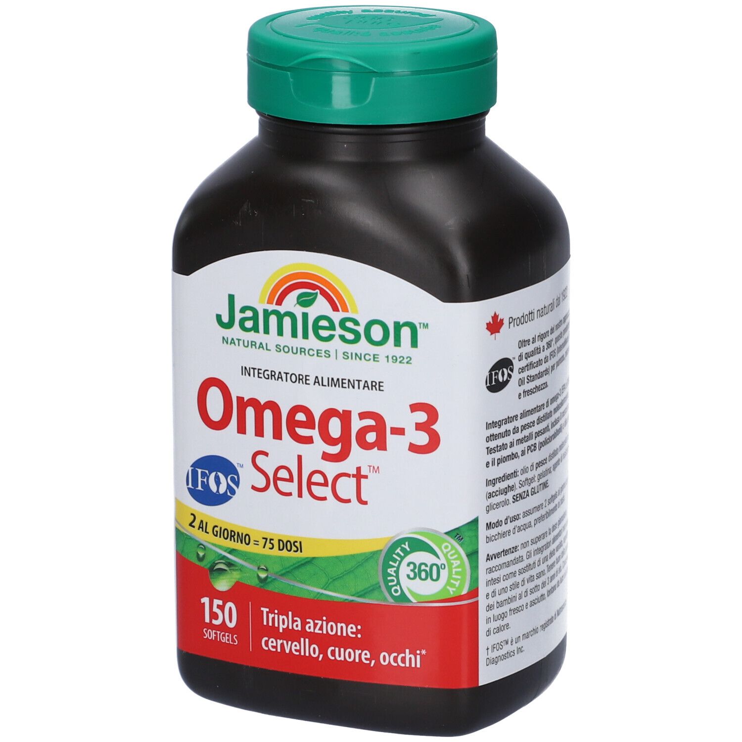 Flacone scuro con tappo verde. Scritta: Jamieson Omega-3 Select. 150 softgels. Sigillo di qualità IFOS. Con foglia d'acero canadese.