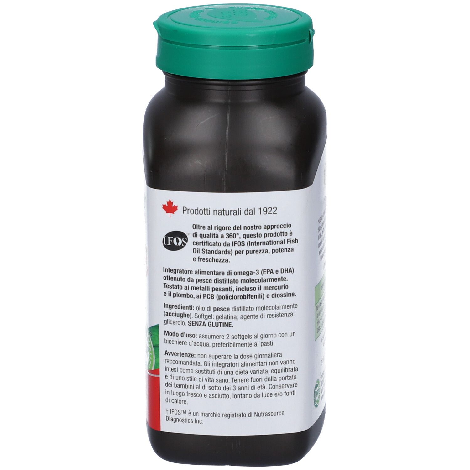 Retro del flacone. Testo sui prodotti naturali, la certificazione IFOS e gli ingredienti. Con foglia d'acero canadese.