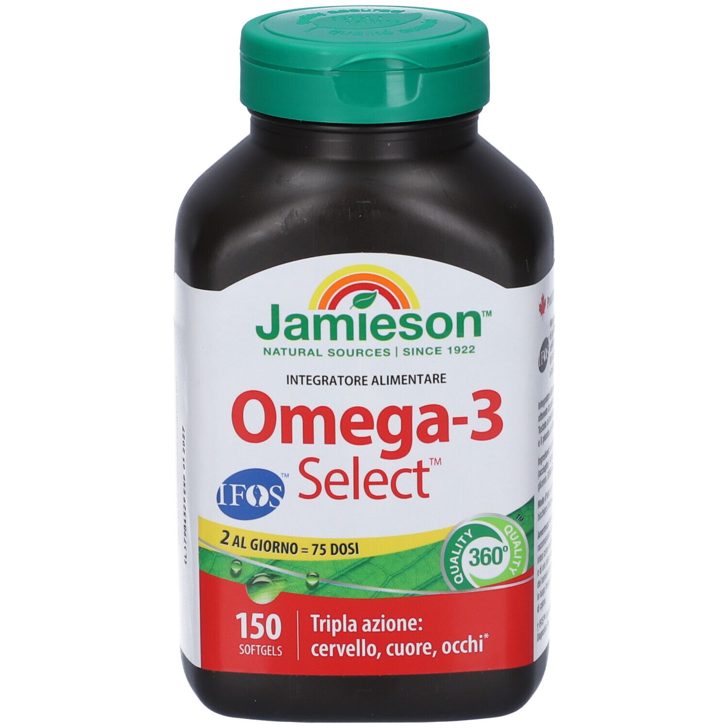 Flacone scuro con tappo verde. Scritta: Jamieson Omega-3 Select. 150 softgels. Sigillo di qualità IFOS. Tripla azione: cervello, cuore, occhi.
